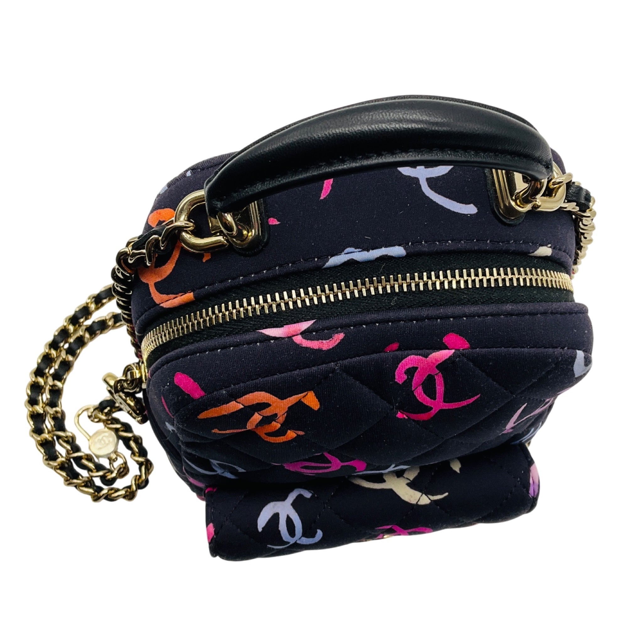 Chanel Navy Multi Classic CC Chain Pocket CC Logo Printed Quilted Fabric Mini Backpack