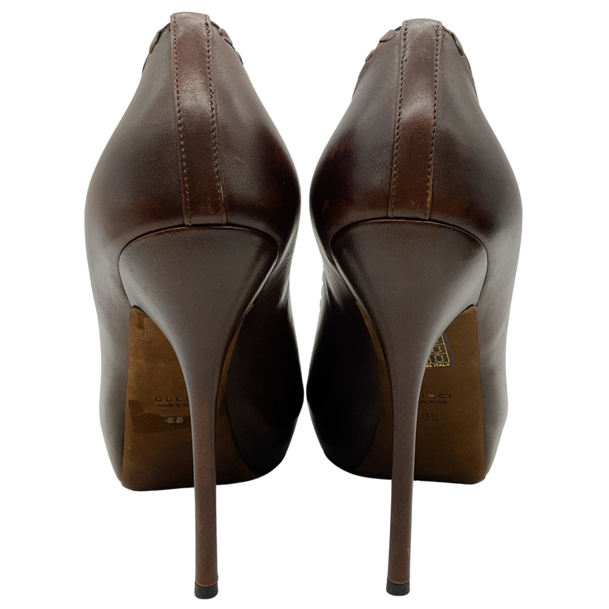 Gucci Brown Leather Whipstitch Peep Toe Pumps