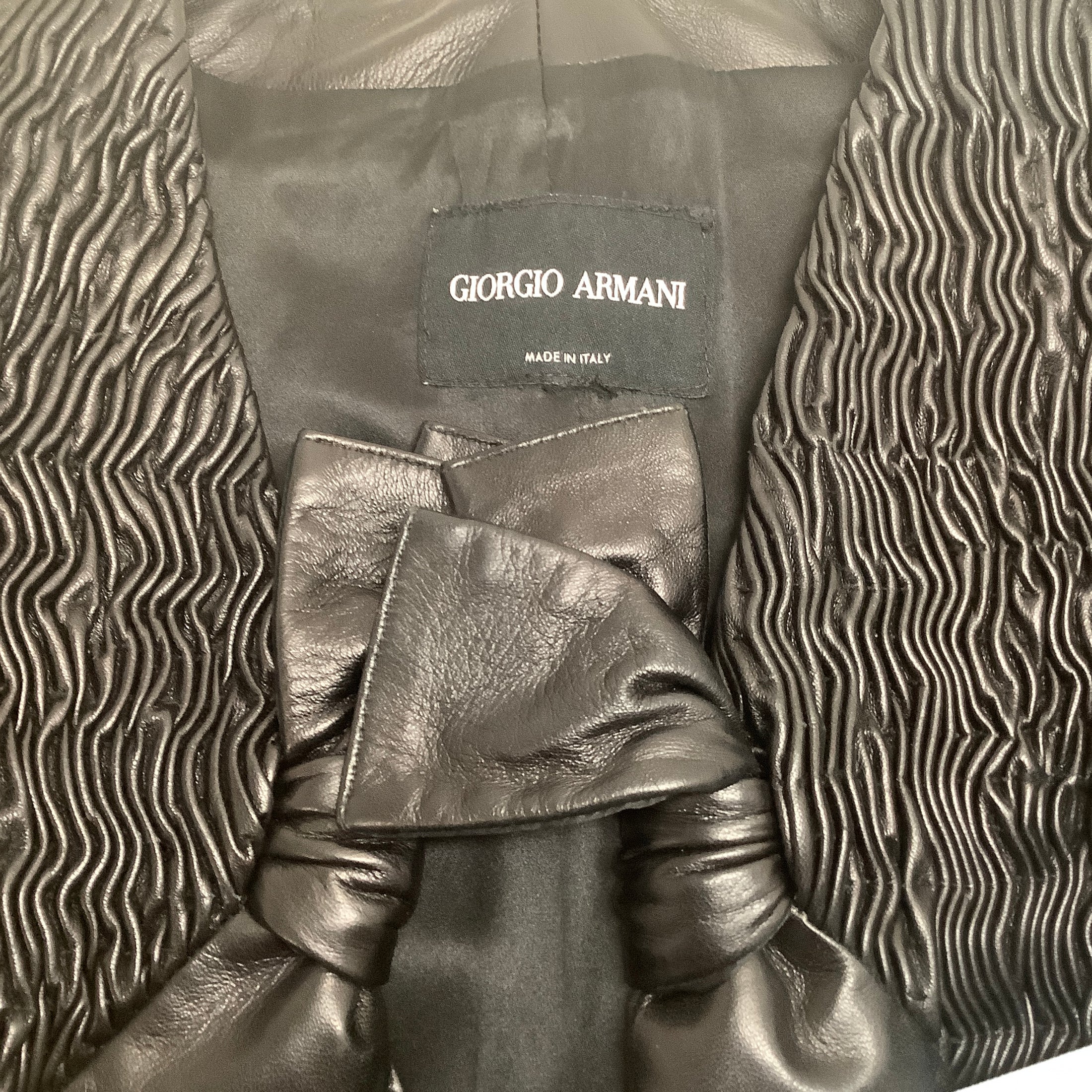 Giorgio Armani Black Leather Puckered Short Sleeved Jacket