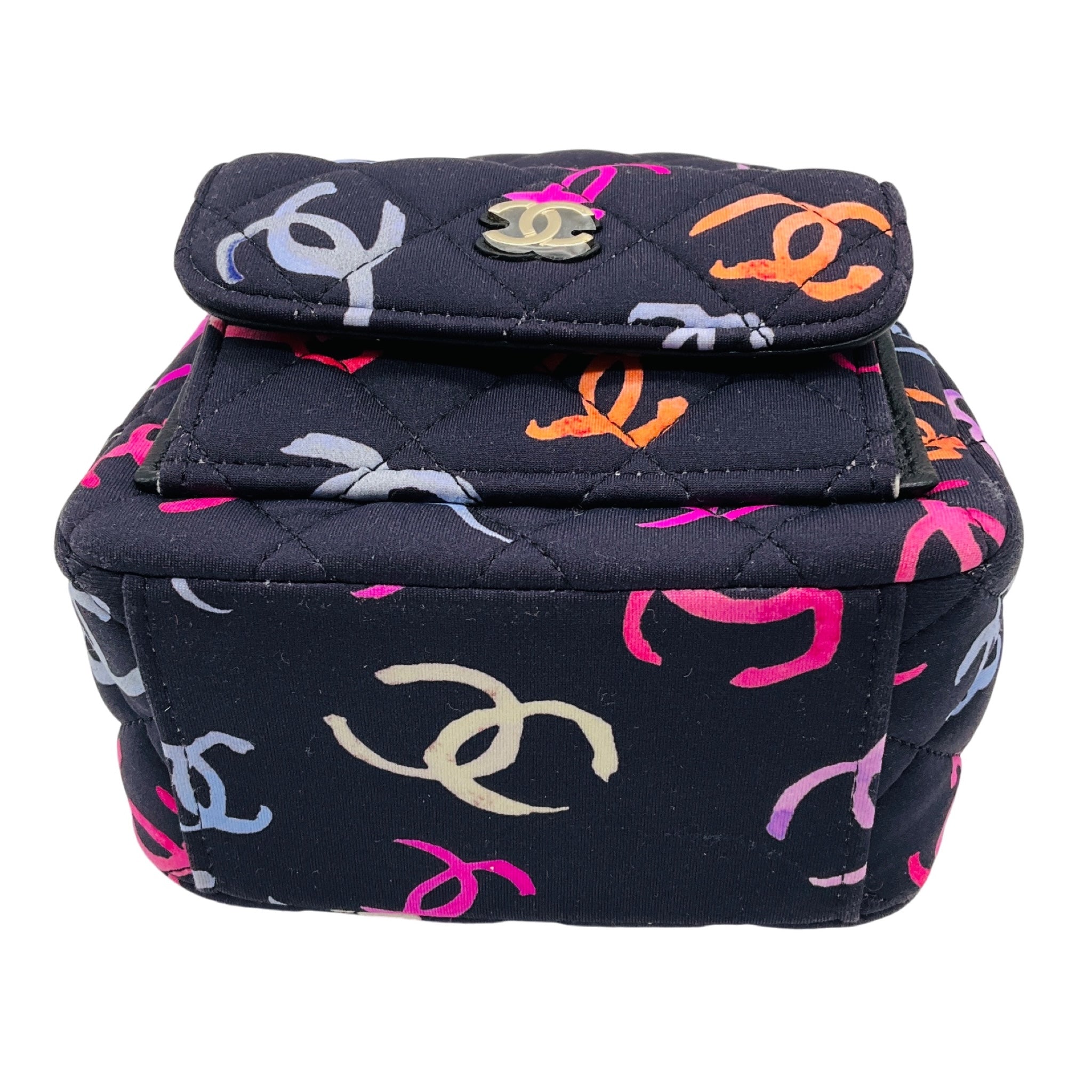 Chanel Navy Multi Classic CC Chain Pocket CC Logo Printed Quilted Fabric Mini Backpack