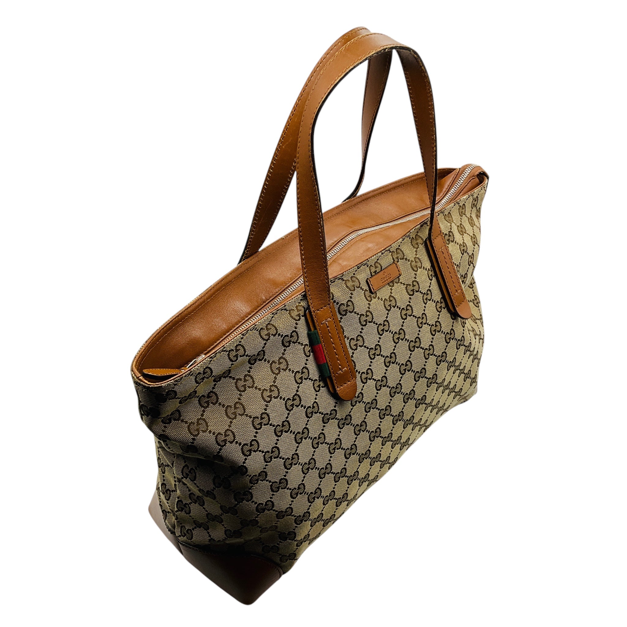 Gucci Beige / Brown Supreme GG Canvas Ophidia Tote Handbag with Tan Leather Trim
