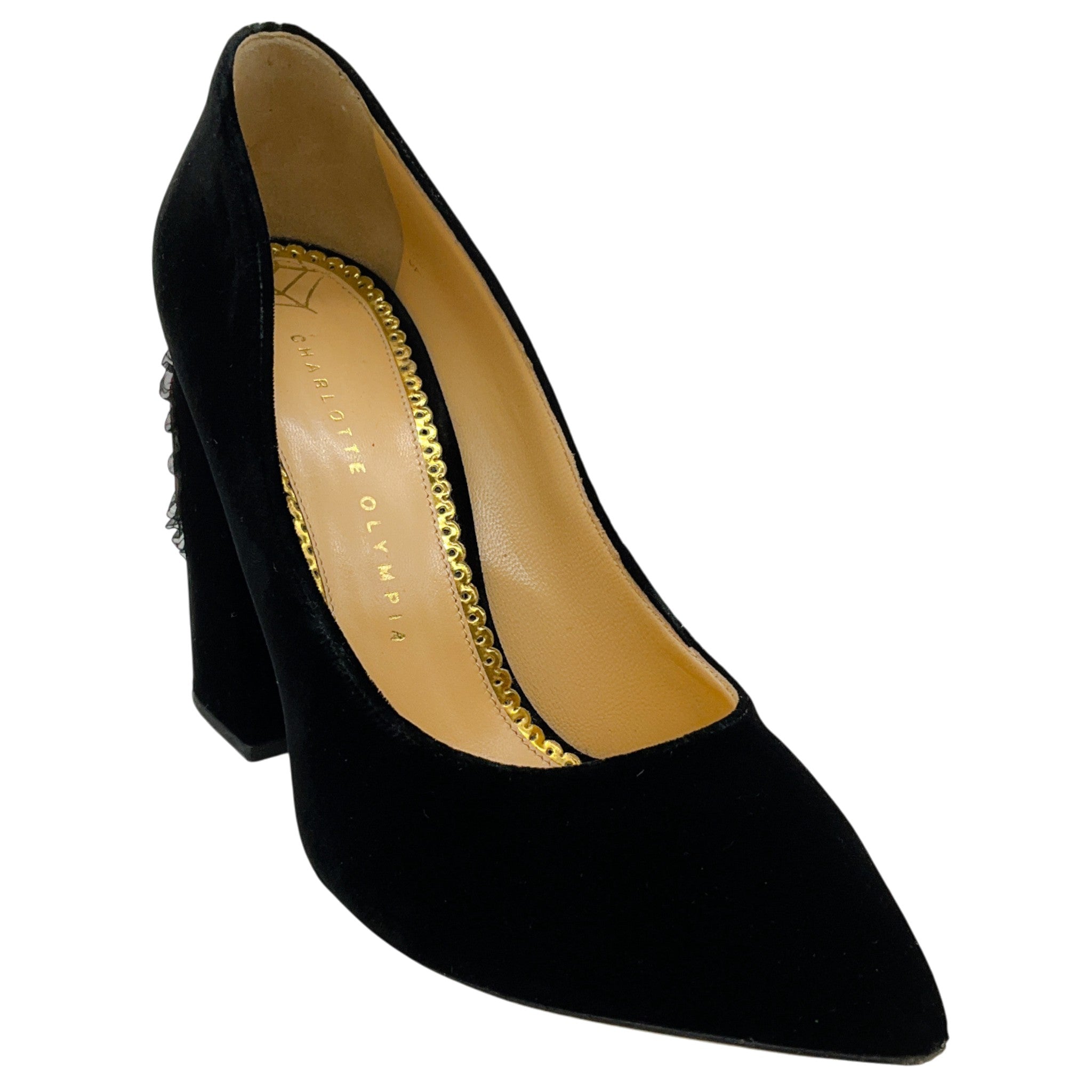 Charlotte Olympia Black Velvet Pumps with Red Heart
