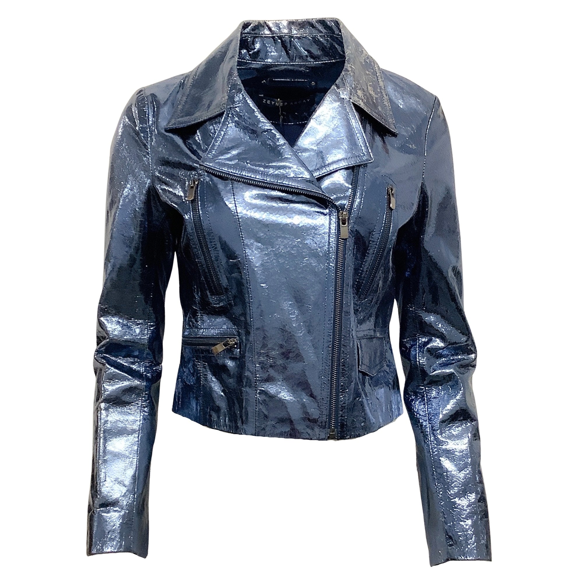 Zeynep Arcay Blue / Silver Crinkle Leather Moto Jacket