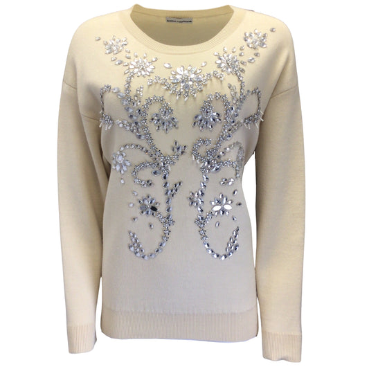 Paco Rabanne Ivory / Silver Crystal and Pearl Embellished Long Sleeved Wool Knit Sweater