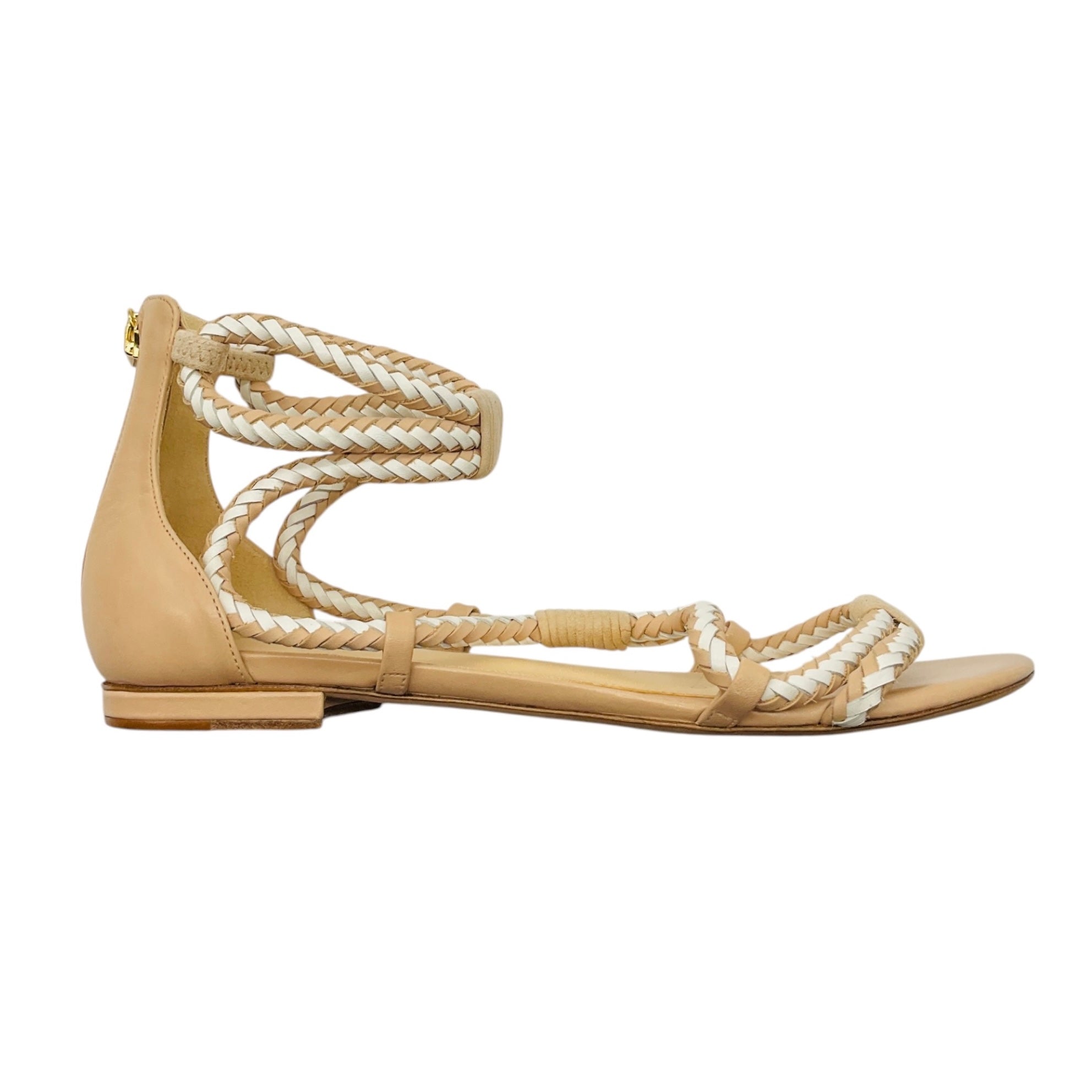Alexandre Birman Beige / White Braided Leather Strappy Flat Sandals