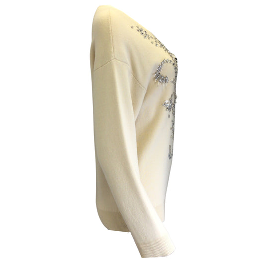 Paco Rabanne Ivory / Silver Crystal and Pearl Embellished Long Sleeved Wool Knit Sweater
