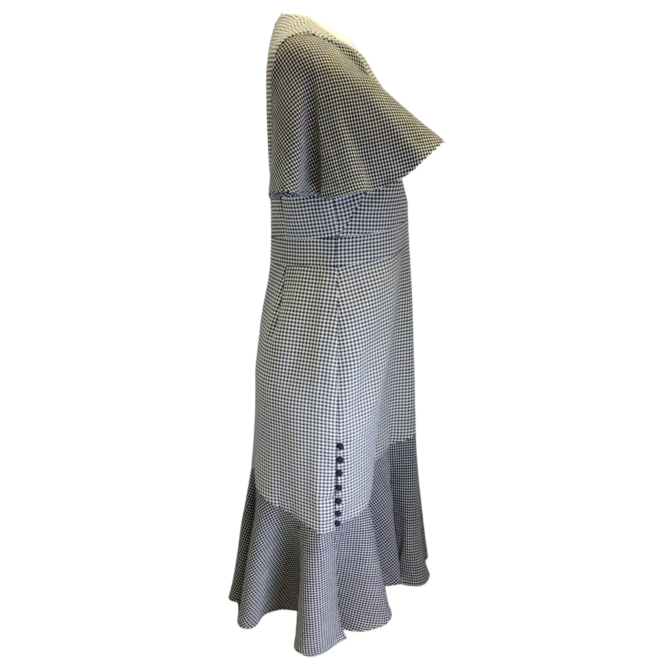 Prabal Gurung Black / White Victoria Houndstooth Printed Short Sleeved Flared Midi Dress