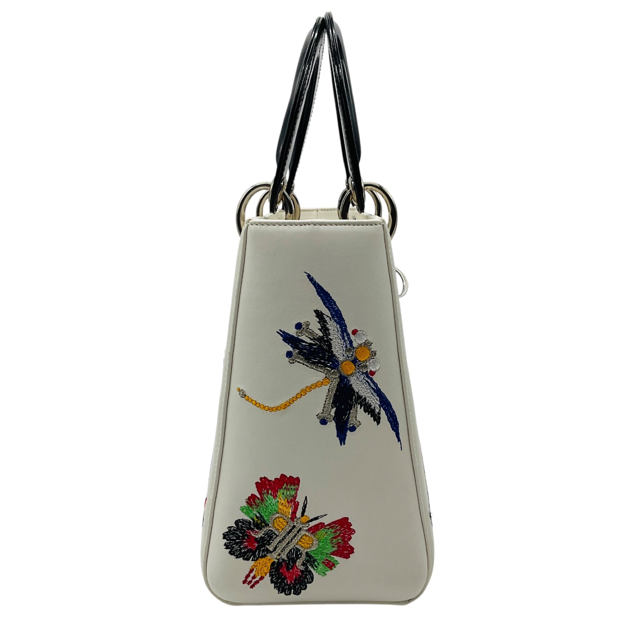 Christian Dior White Multicolor Animals Embroidered Smooth Calfskin Medium Lady Dior Bag
