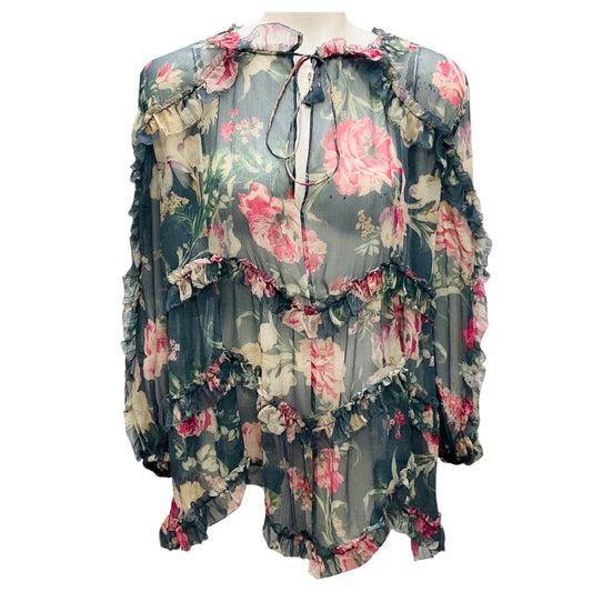 Zimmermann Multicolor Floral Printed Sheer Silk Chiffon Top