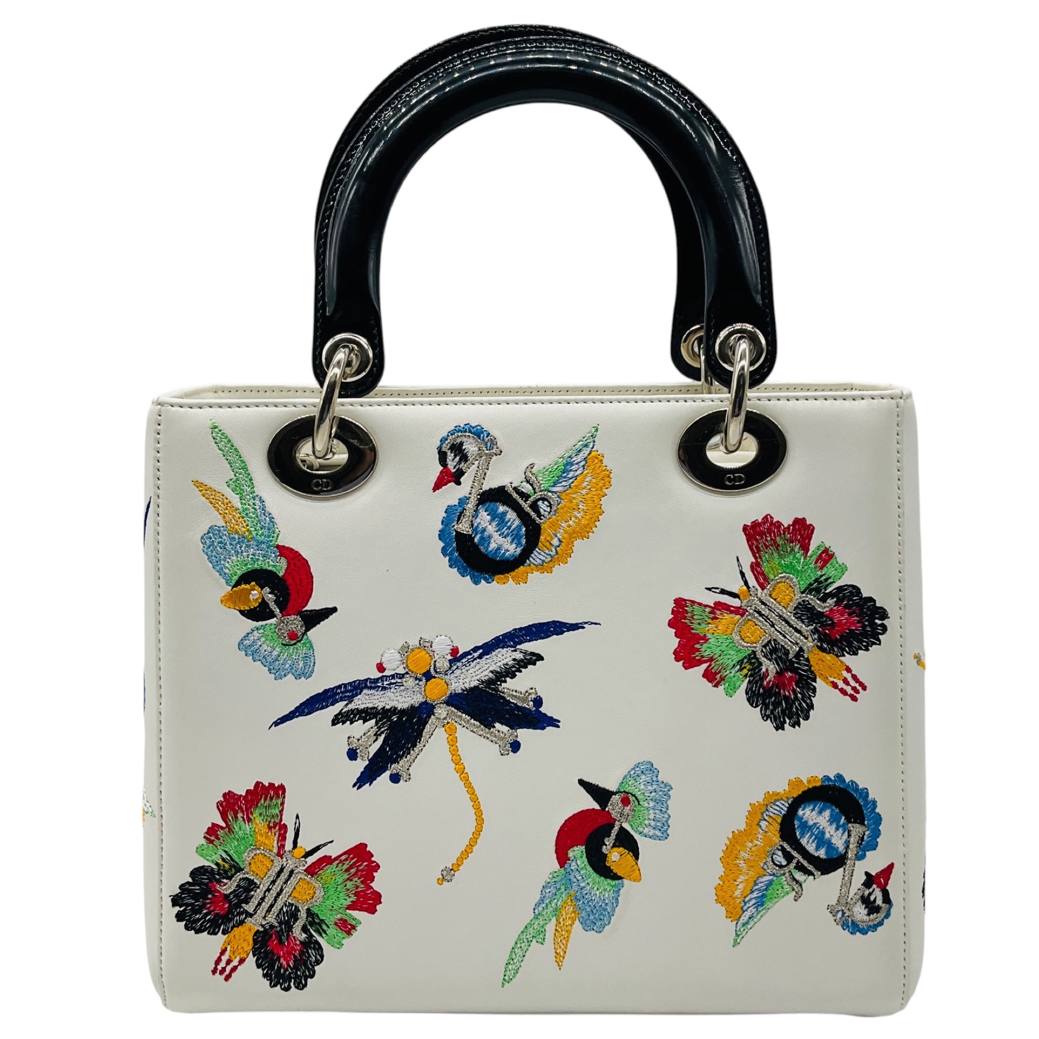 Christian Dior White Multicolor Animals Embroidered Smooth Calfskin Medium Lady Dior Bag