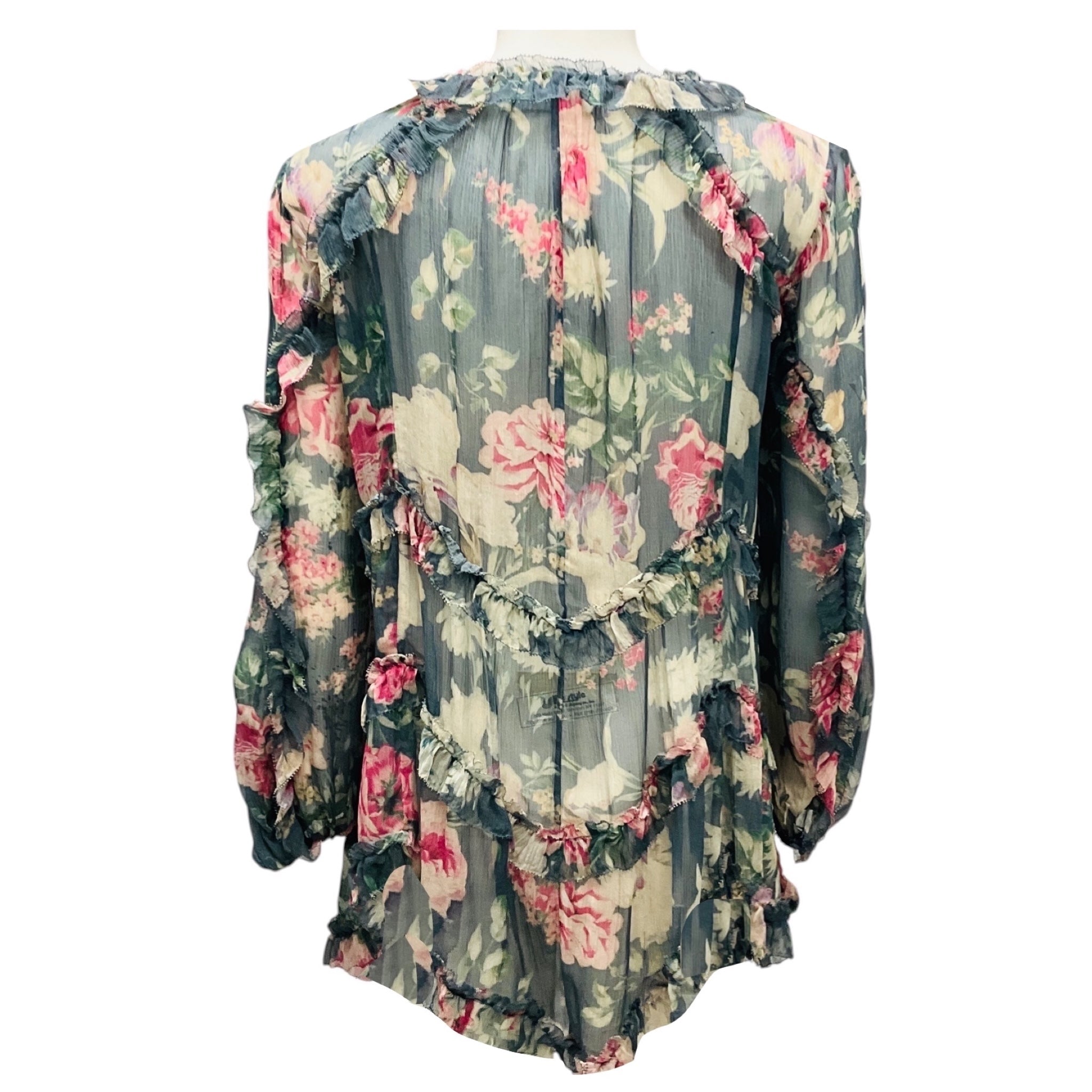 Zimmermann Multicolor Floral Printed Sheer Silk Chiffon Top