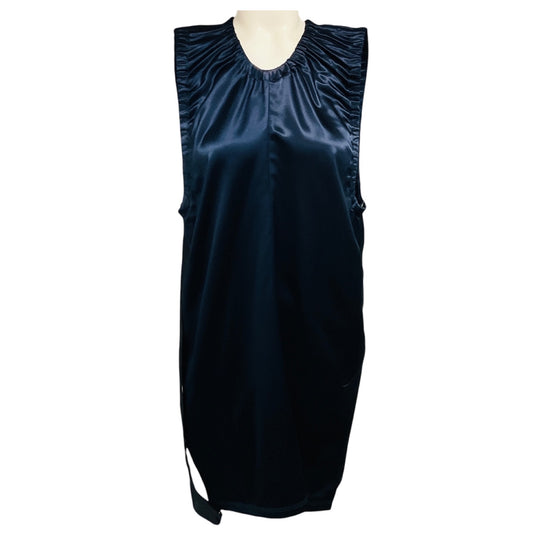 Celine Navy Blue Ruched Sleeveless Satin Mini Dress with Strap