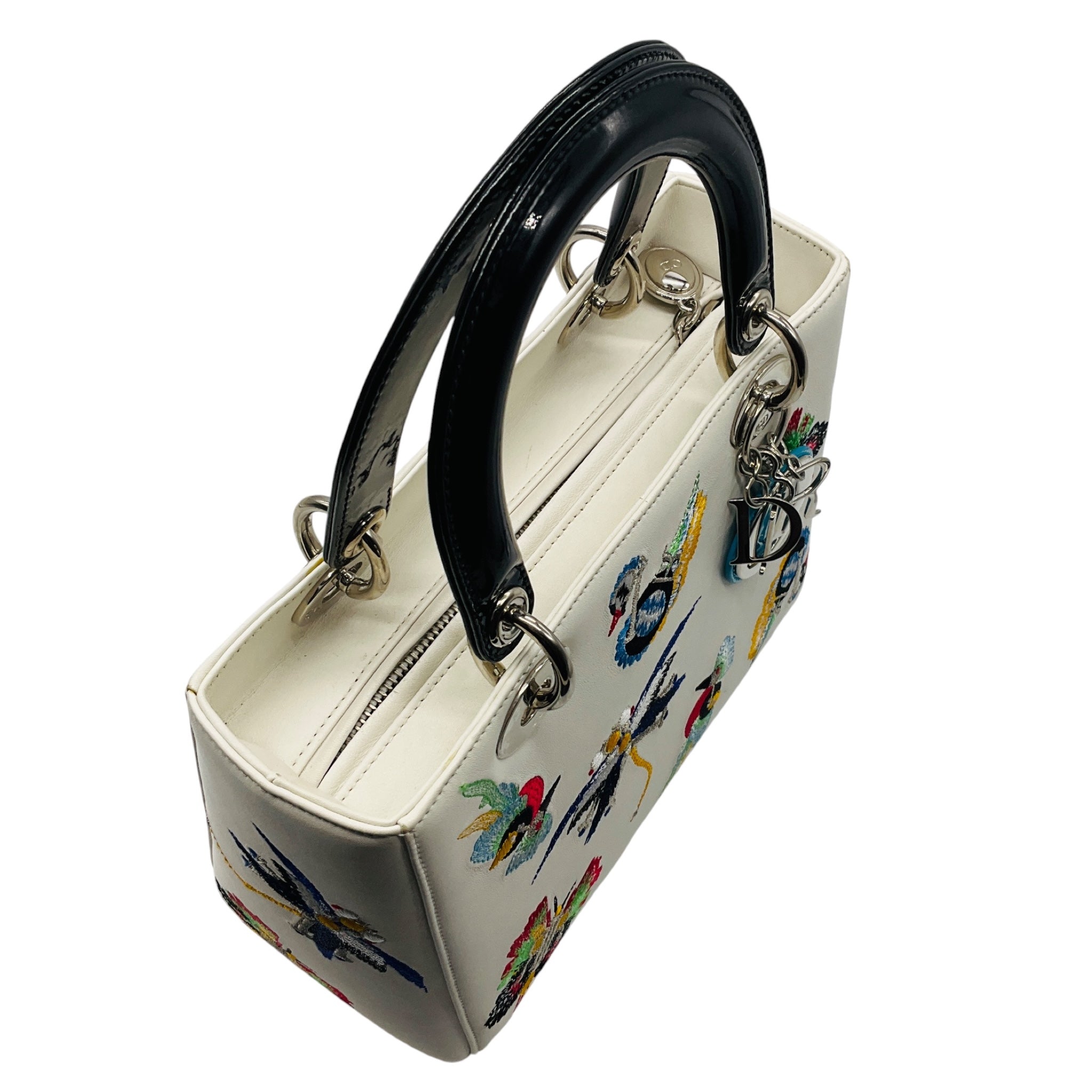 Christian Dior White Multicolor Animals Embroidered Smooth Calfskin Medium Lady Dior Bag