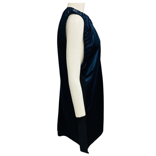 Celine Navy Blue Ruched Sleeveless Satin Mini Dress with Strap