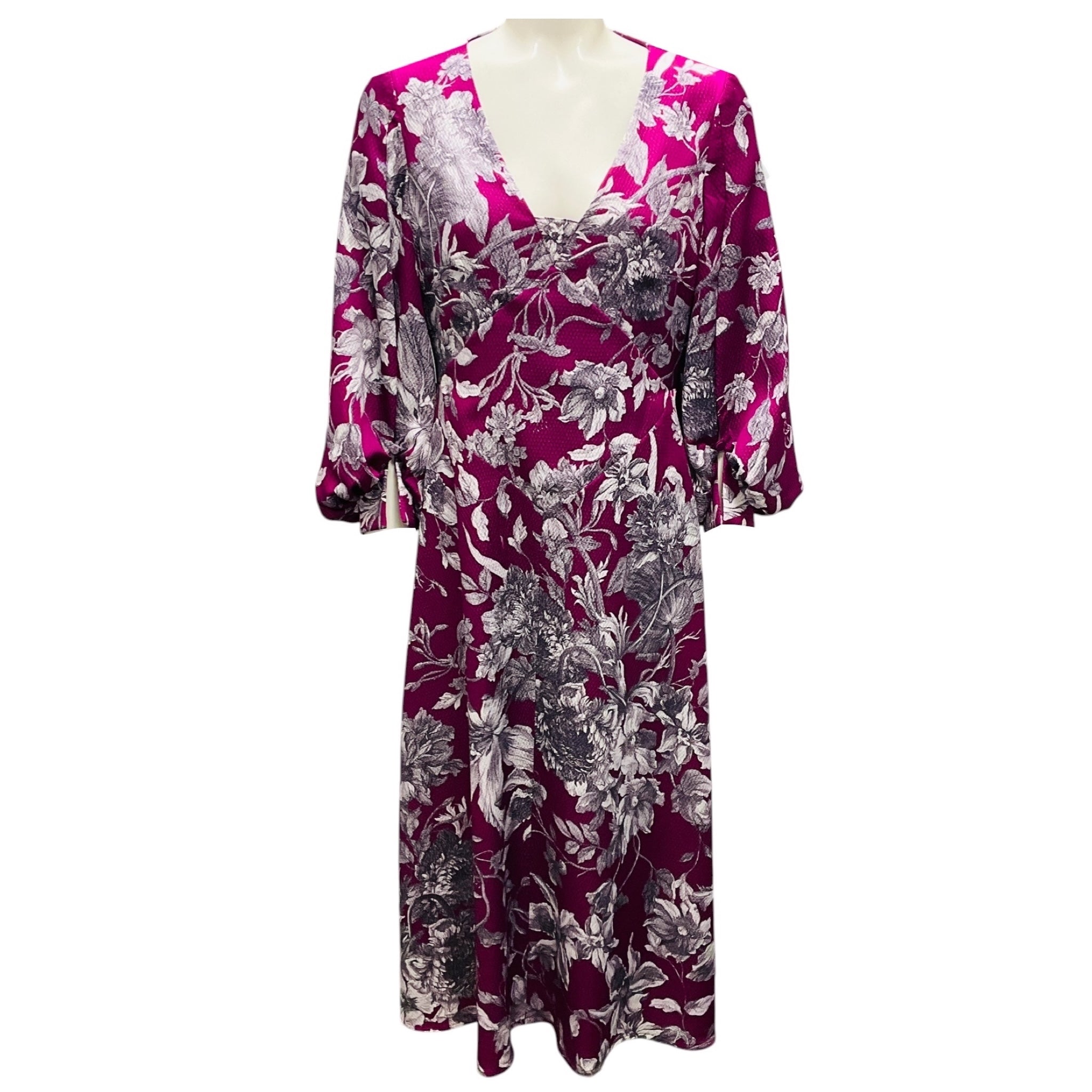 Erdem Magenta Maxine Floral Print Hammered Satin Midi Dress