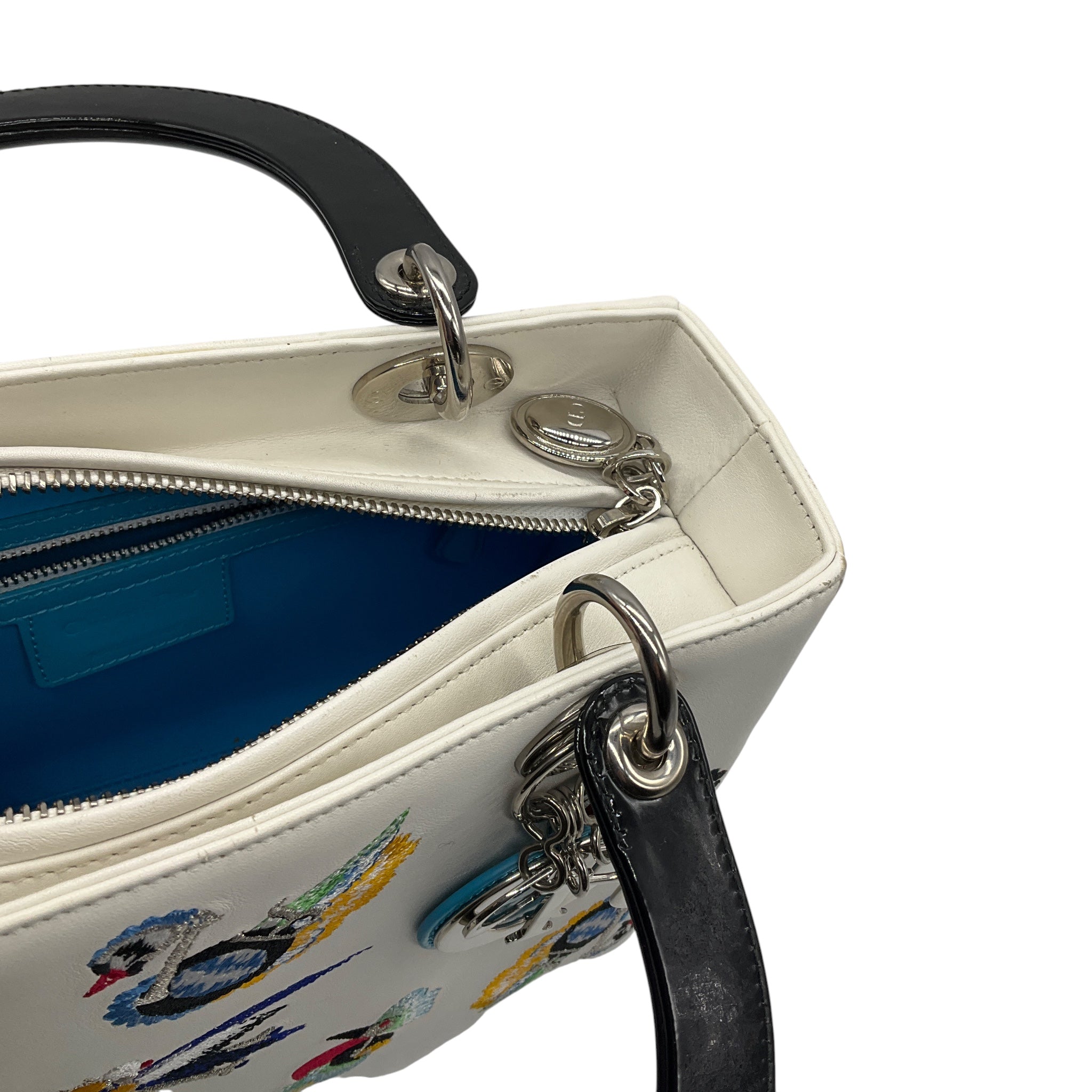Christian Dior White Multicolor Animals Embroidered Smooth Calfskin Medium Lady Dior Bag