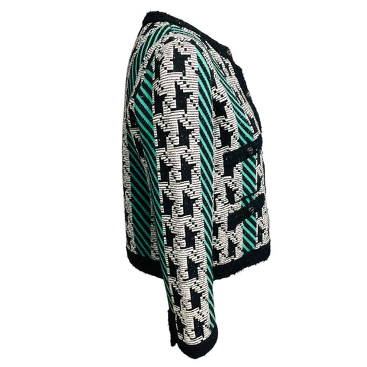 Chanel Green / White / Black Paris-Manchester 2024 Metiers d’Art Houndstooth Wool and Cashmere Knit Sweater Jacket with CC Logo Buttons
