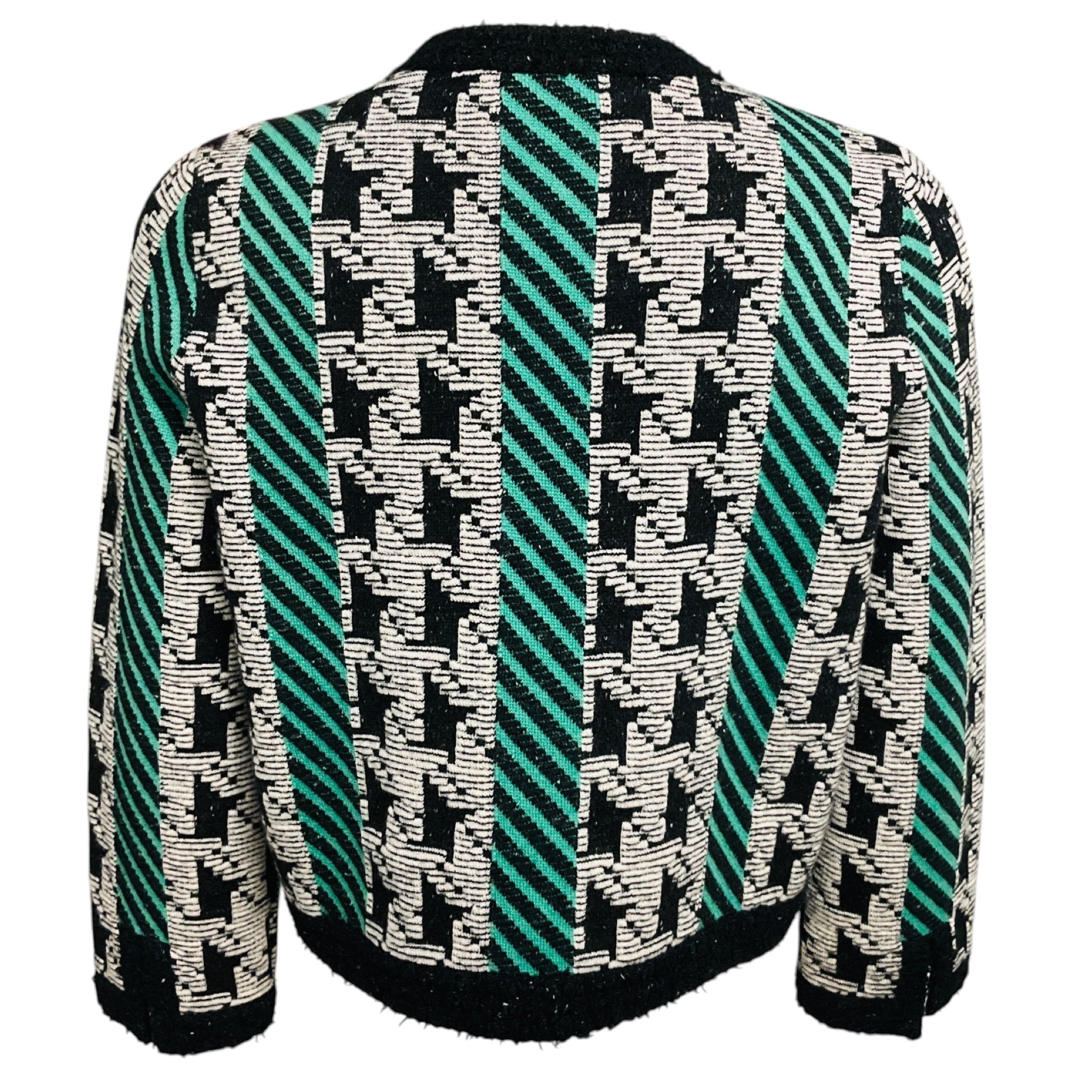 Chanel Green / White / Black Paris-Manchester 2024 Metiers d’Art Houndstooth Wool and Cashmere Knit Sweater Jacket with CC Logo Buttons
