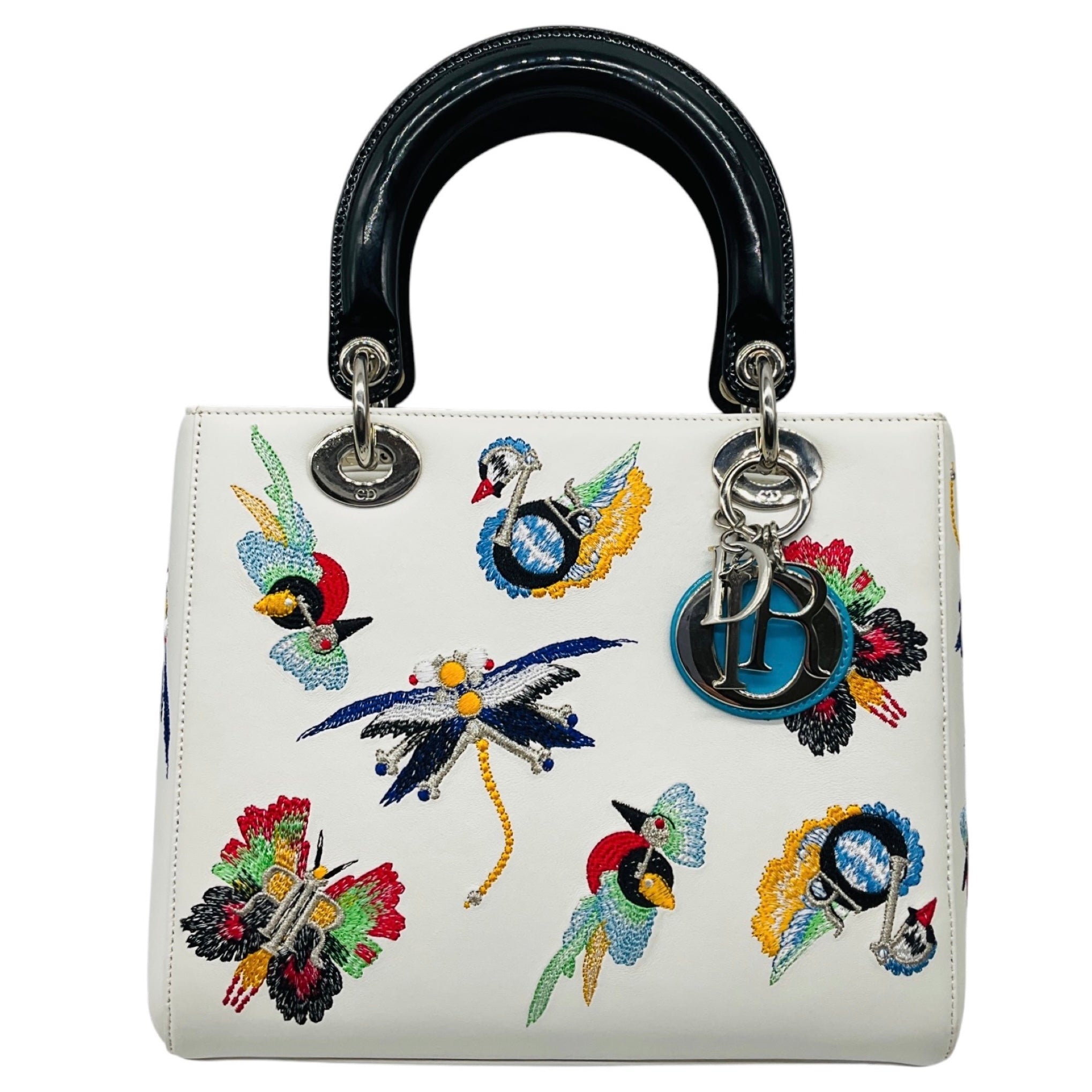 Christian Dior White Multicolor Animals Embroidered Smooth Calfskin Medium Lady Dior Bag