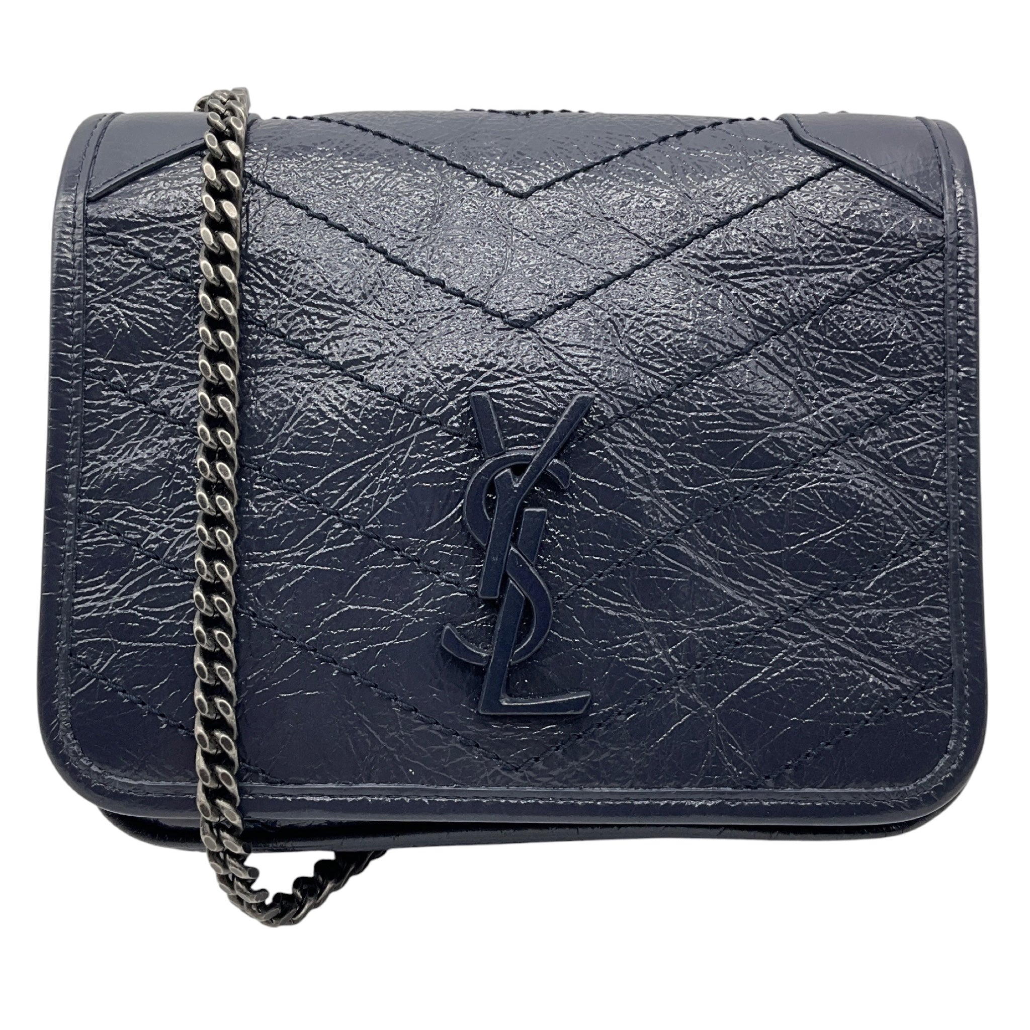 Saint Laurent Deep Marine Crinkled Calfskin Niki Wallet On Chain