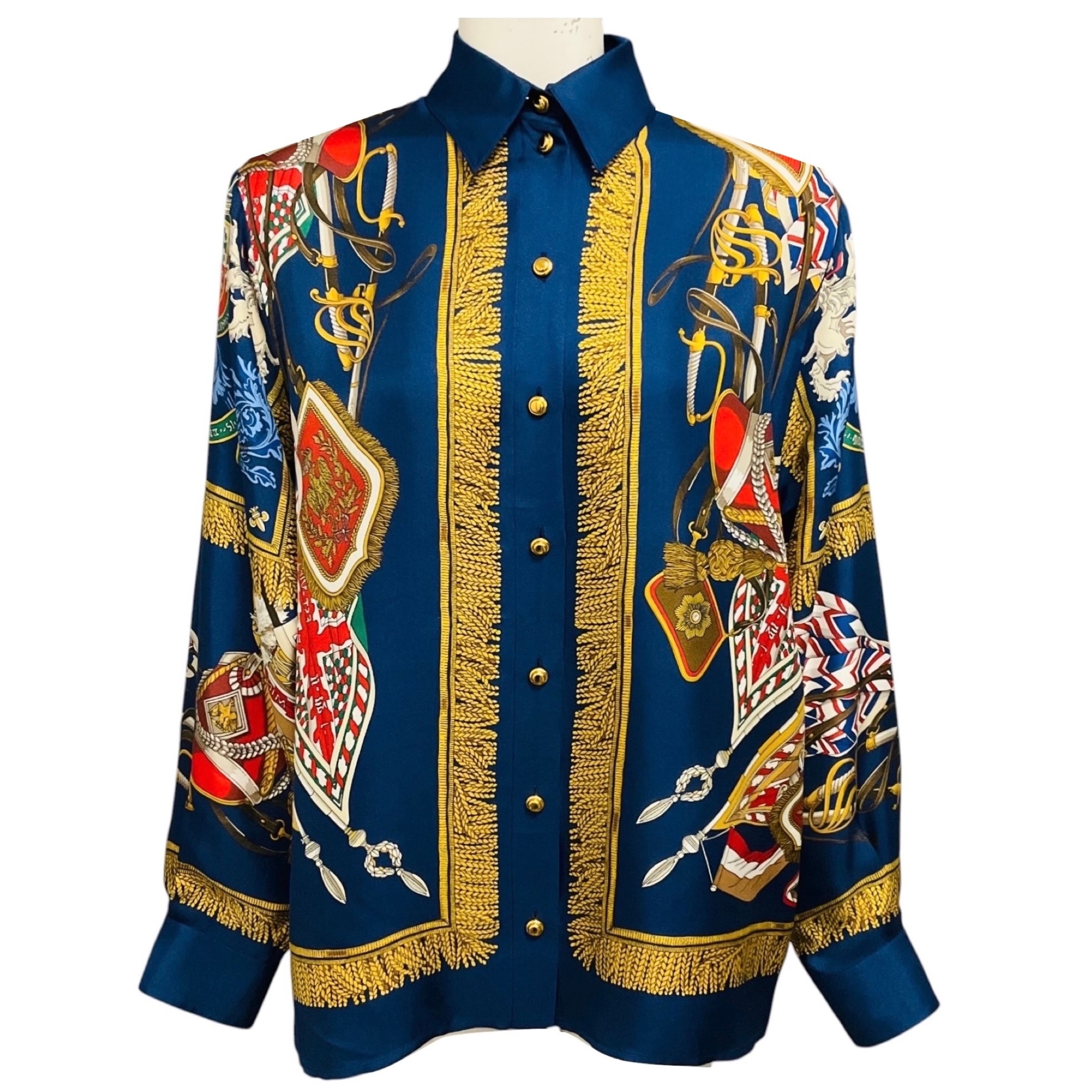 Gucci Navy Blue Multi Garden Collection Print Silk Blouse