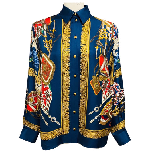 Gucci Navy Blue Multi Garden Collection Print Silk Blouse
