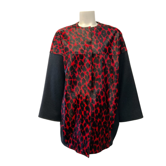 Longchamp Red / Black Leopard Calf Hair / Wool Coat