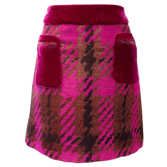 Anna Sui Pink / Gold Houndstooth Mini Skirt with Lurex and Velvet