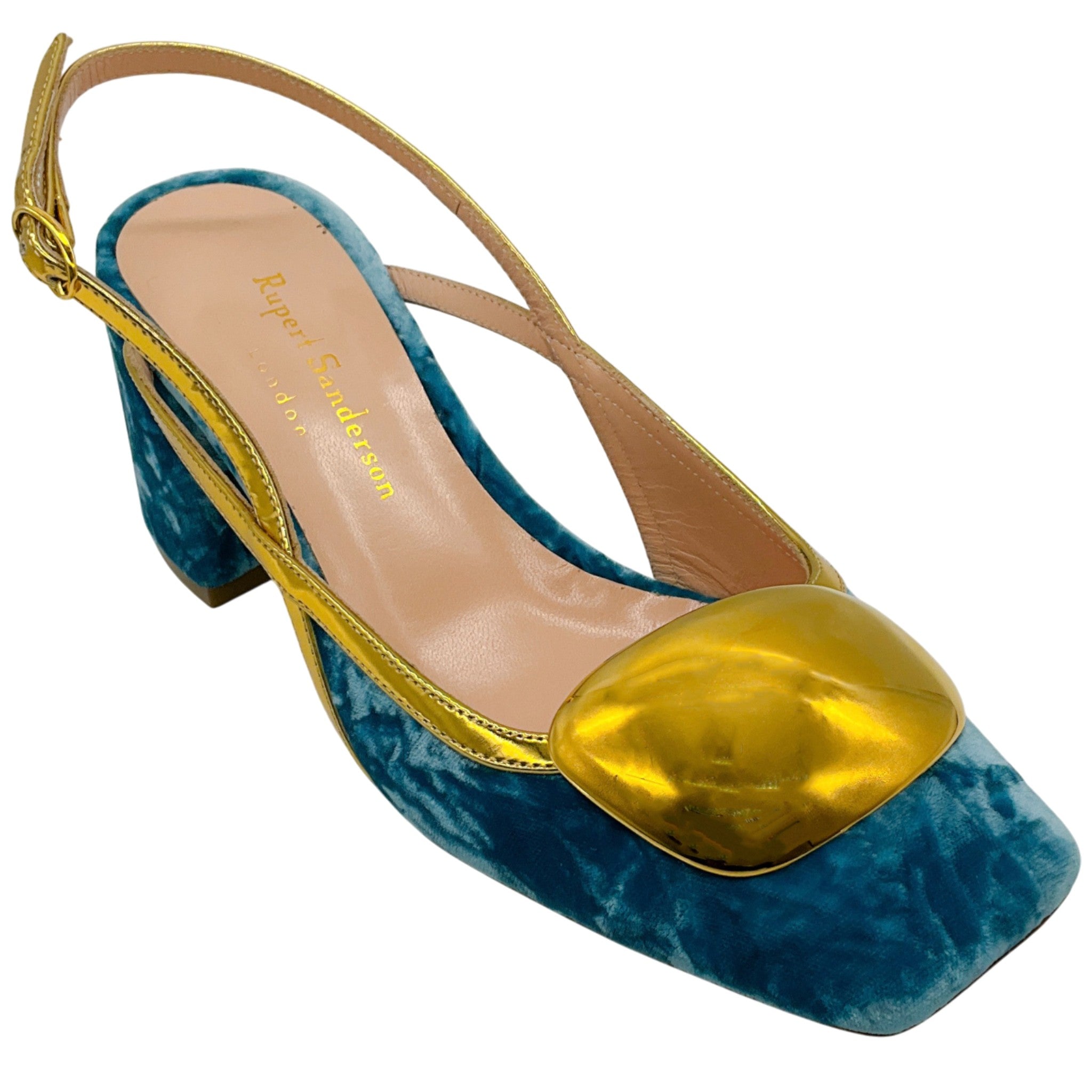 Rupert Sanderson Aqua Velvet Cavalla Slingback Pumps with Gold
