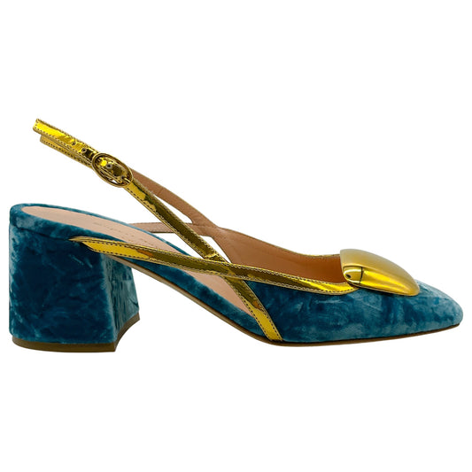 Rupert Sanderson Aqua Velvet Cavalla Slingback Pumps with Gold