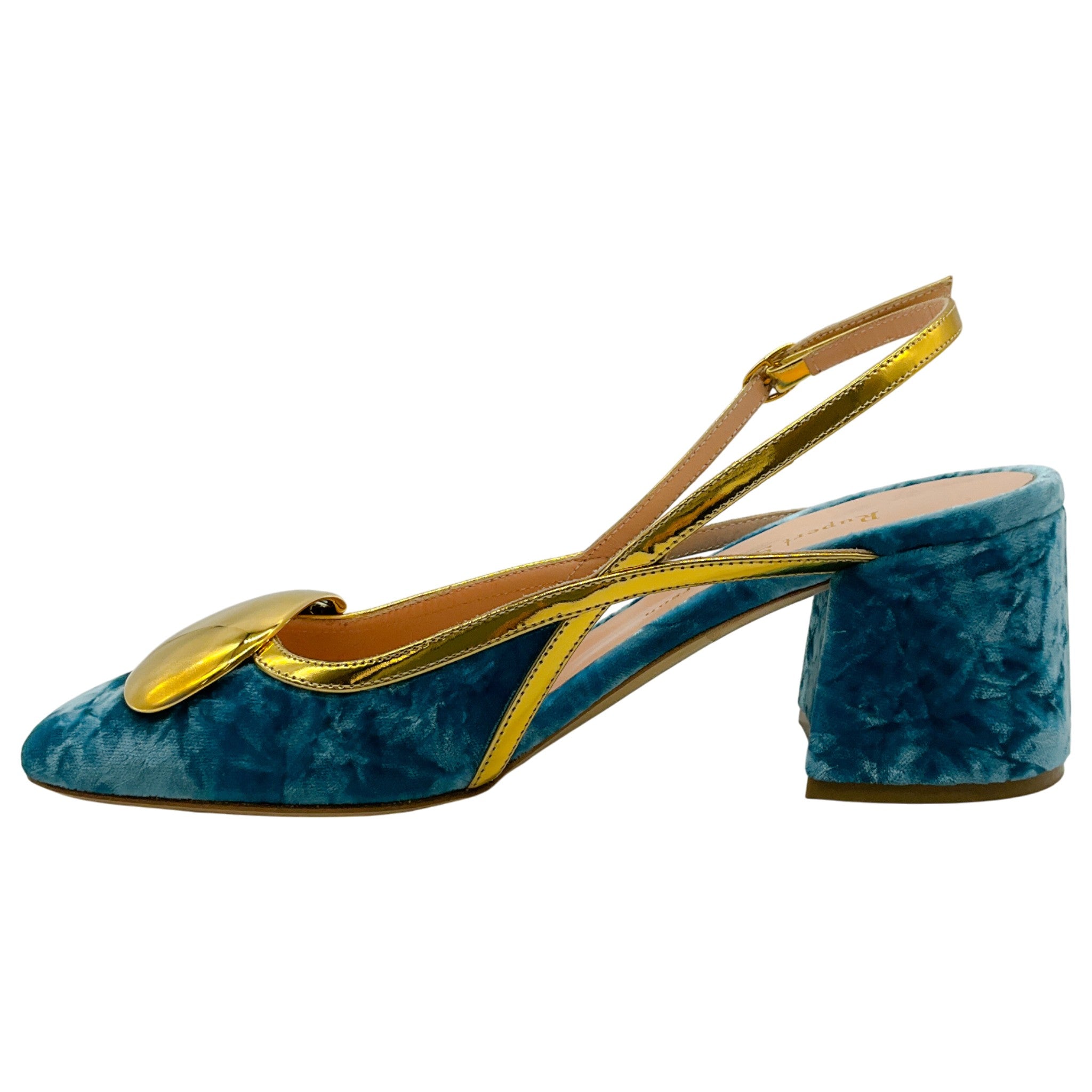 Rupert Sanderson Aqua Velvet Cavalla Slingback Pumps with Gold