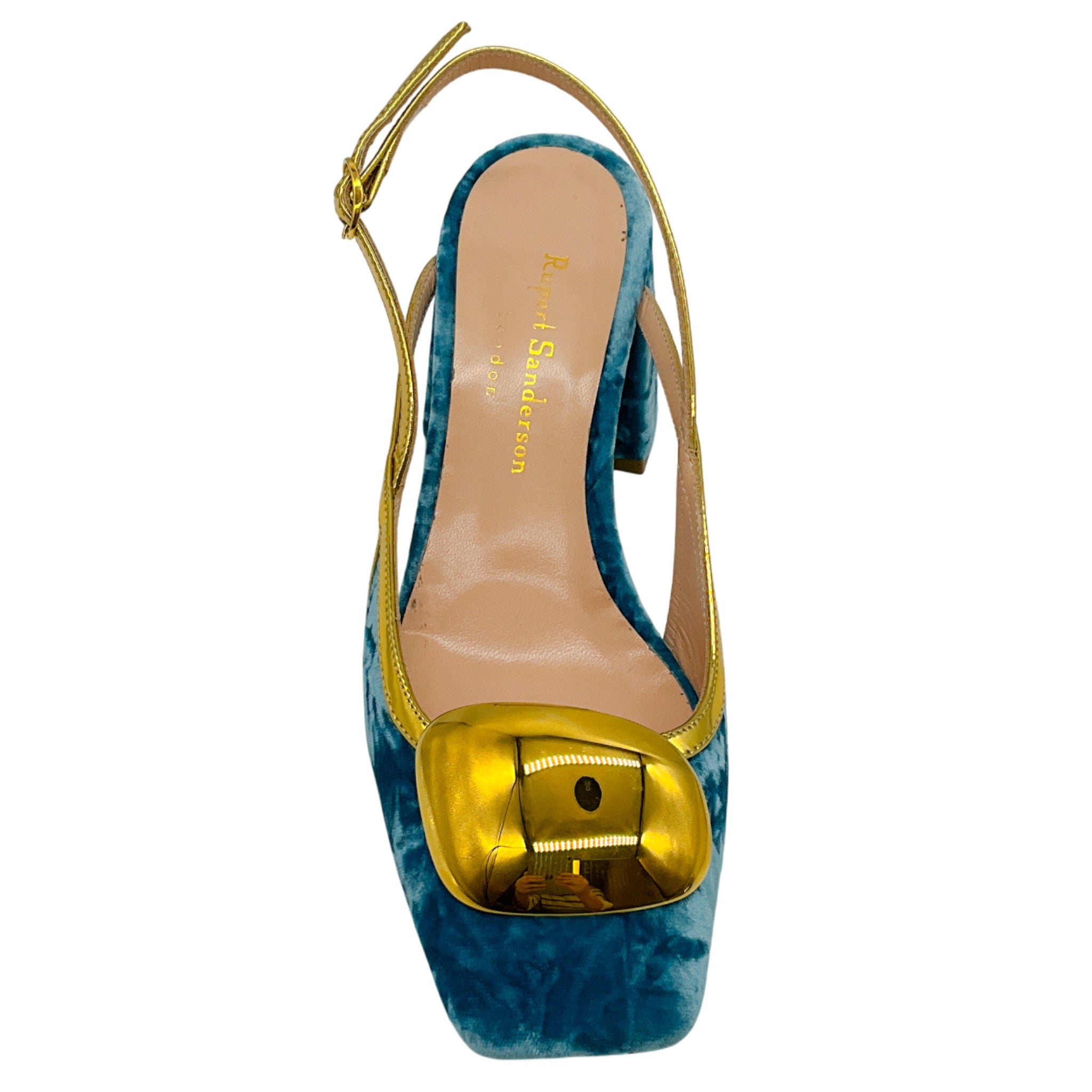 Rupert Sanderson Aqua Velvet Cavalla Slingback Pumps with Gold