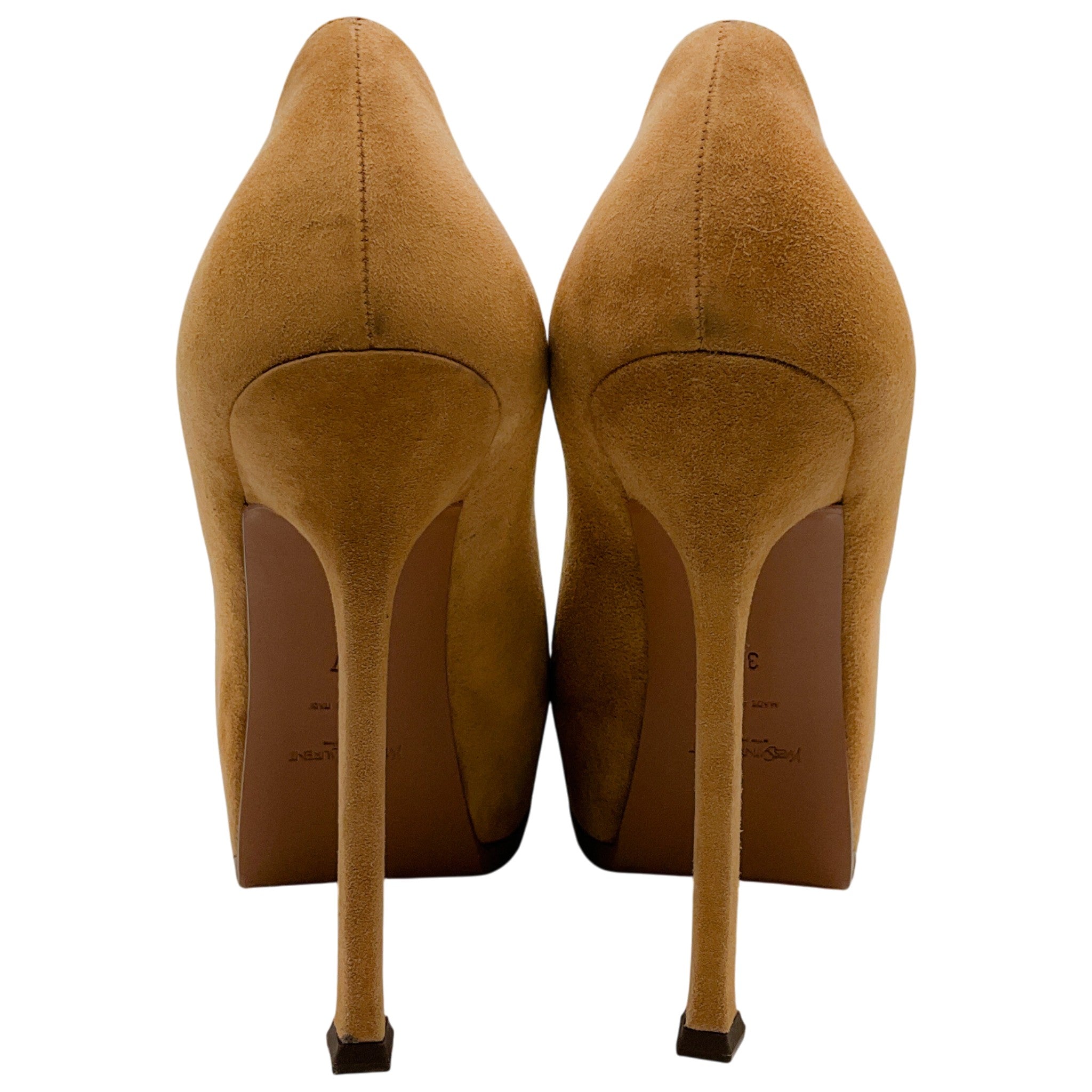 Saint Laurent Camel Suede Tribtoo Pumps with Patent Leather Cap Toe