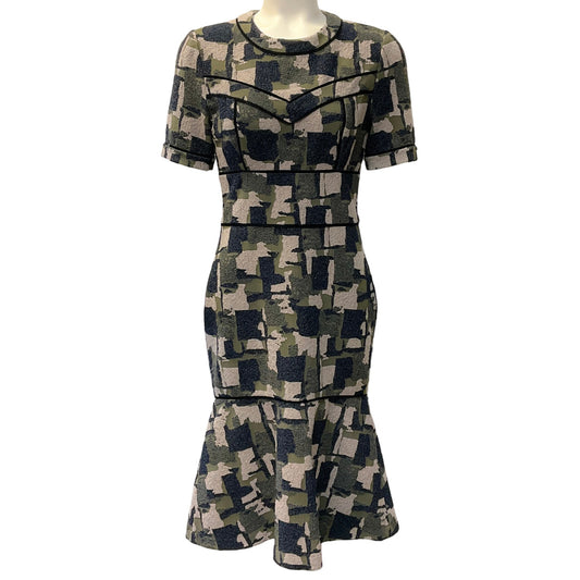 Yigal Azrouël Green Multi Military Print Tulip Hem Dress
