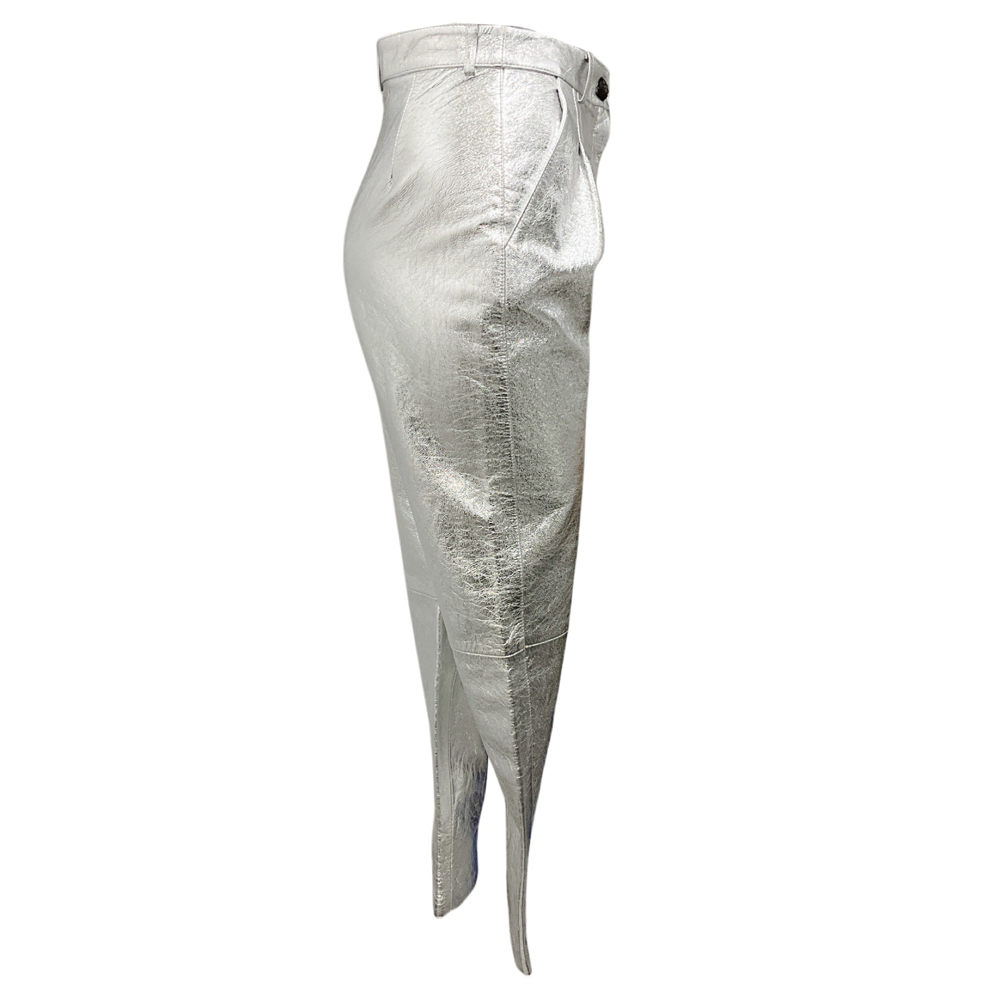 Etro Silver Metallic 2021 Lambskin Leather Ankle Pants