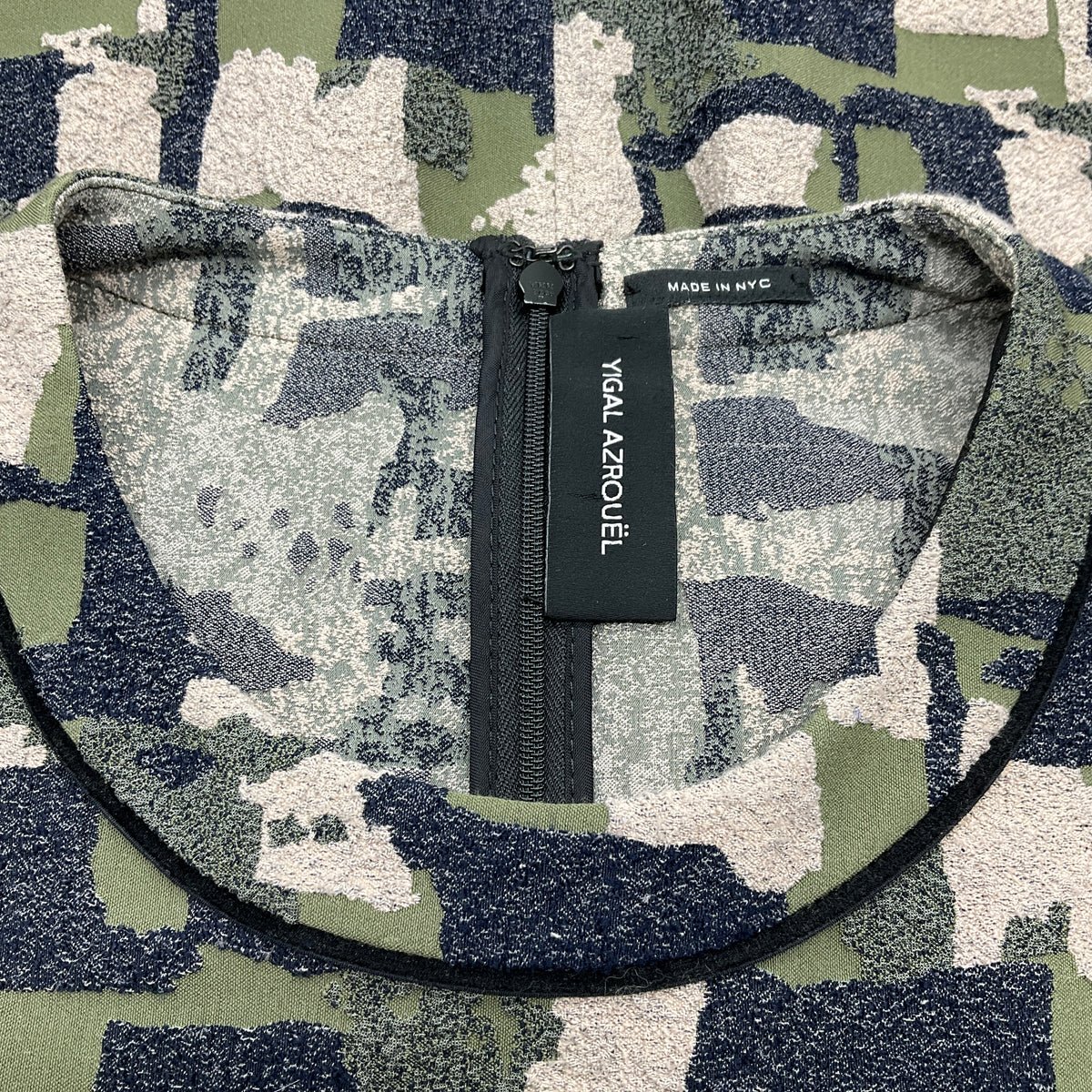 Yigal Azrouël Green Multi Military Print Tulip Hem Dress
