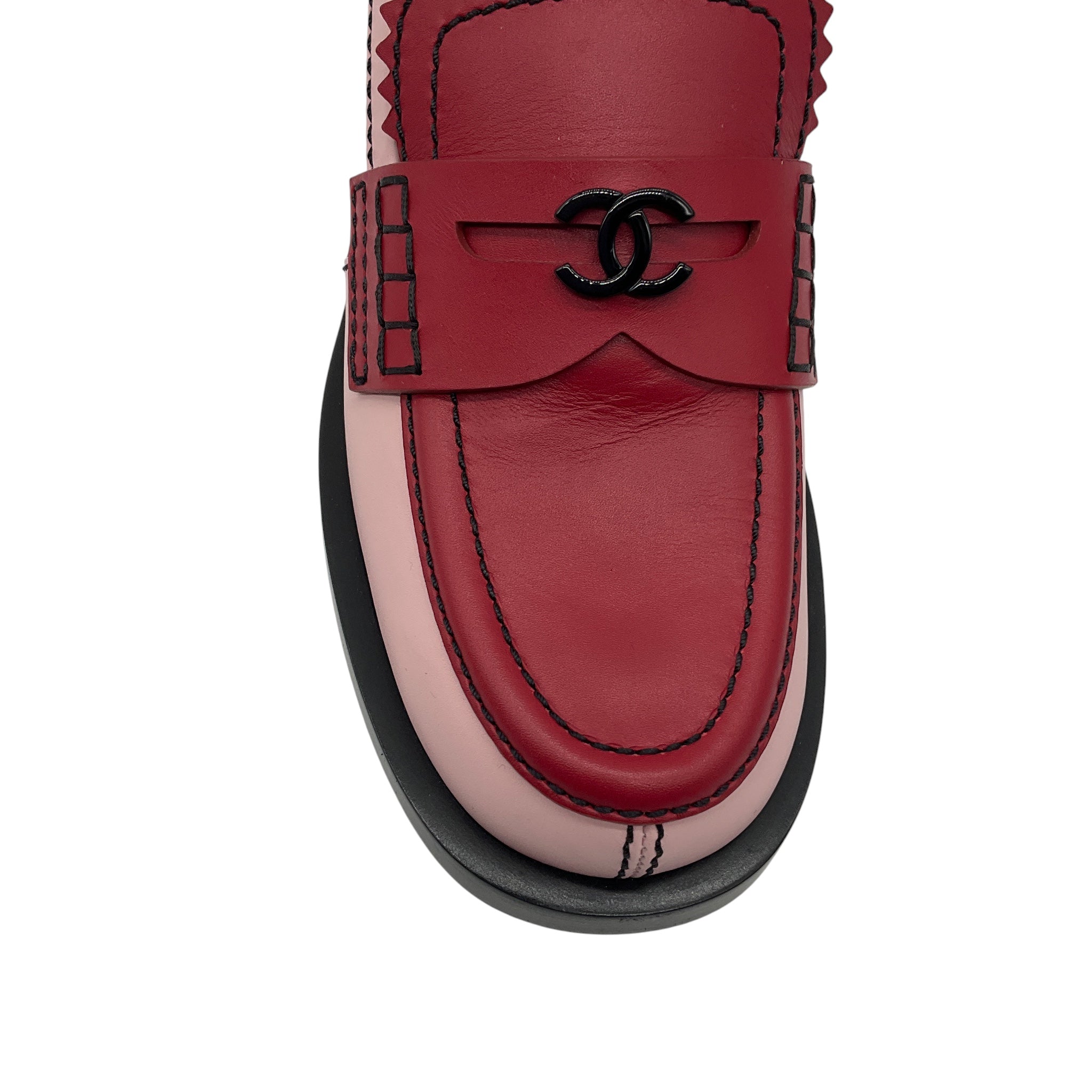 Chanel 2024 Red / Pink / White / Black CC Logo Leather Slip-On Loafers