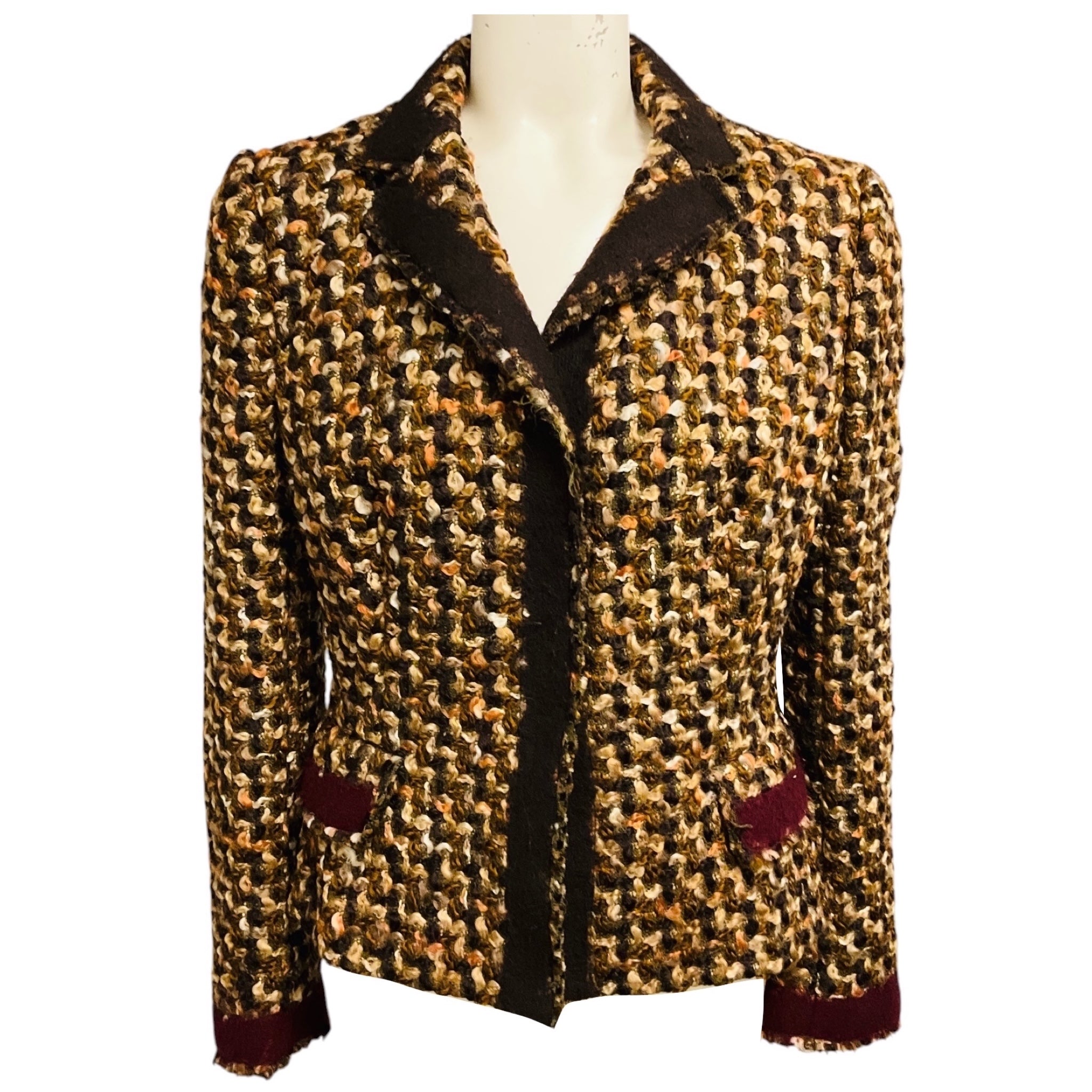 Prada Brown / Burgundy Multi Wool Tweed Jacket
