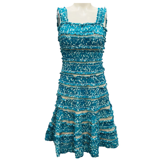 Oscar de la Renta Turquoise Ruffled Sleeveless Silk Chiffon Cocktail Dress