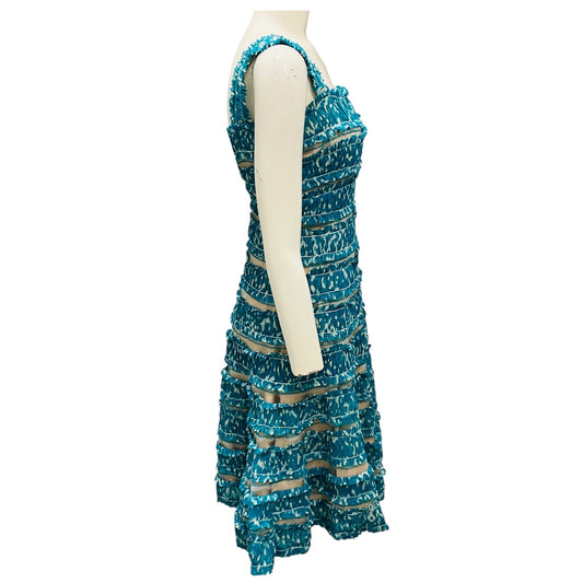Oscar de la Renta Turquoise Ruffled Sleeveless Silk Chiffon Cocktail Dress