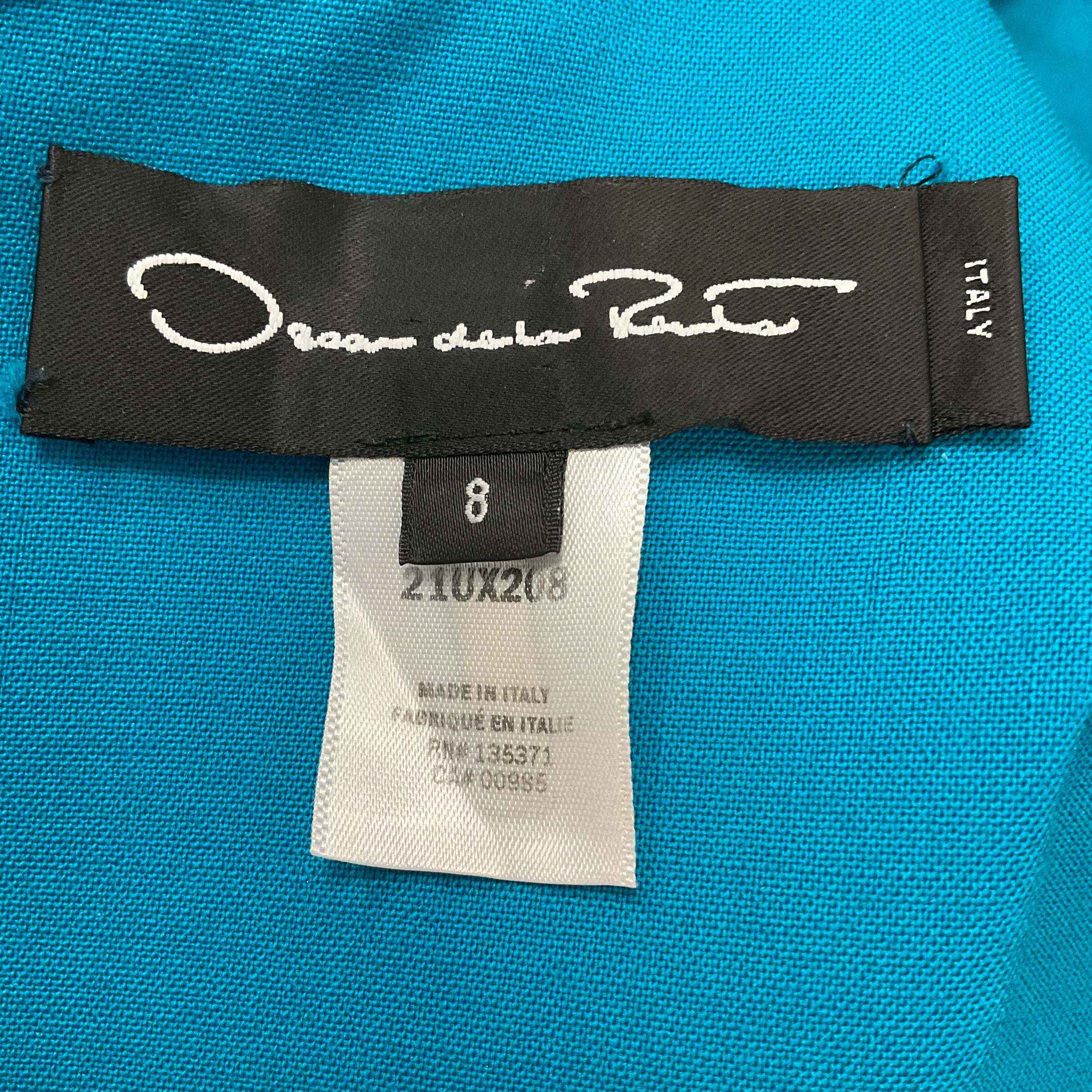 Oscar de la Renta Teal Short Sleeved Wool Stretch Asymmetric Hem Midi Dress with Belt
