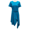 Load image into Gallery viewer, Oscar de la Renta Teal Short Sleeved Wool Stretch Asymmetric Hem Midi Dress with Belt
