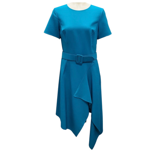 Oscar de la Renta Teal Short Sleeved Wool Stretch Asymmetric Hem Midi Dress with Belt