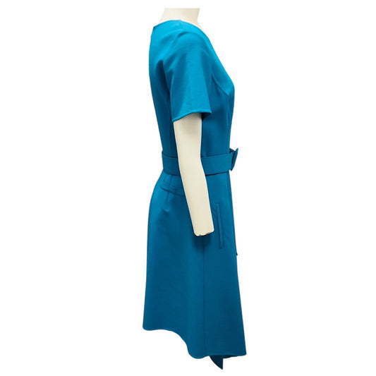 Oscar de la Renta Teal Short Sleeved Wool Stretch Asymmetric Hem Midi Dress with Belt