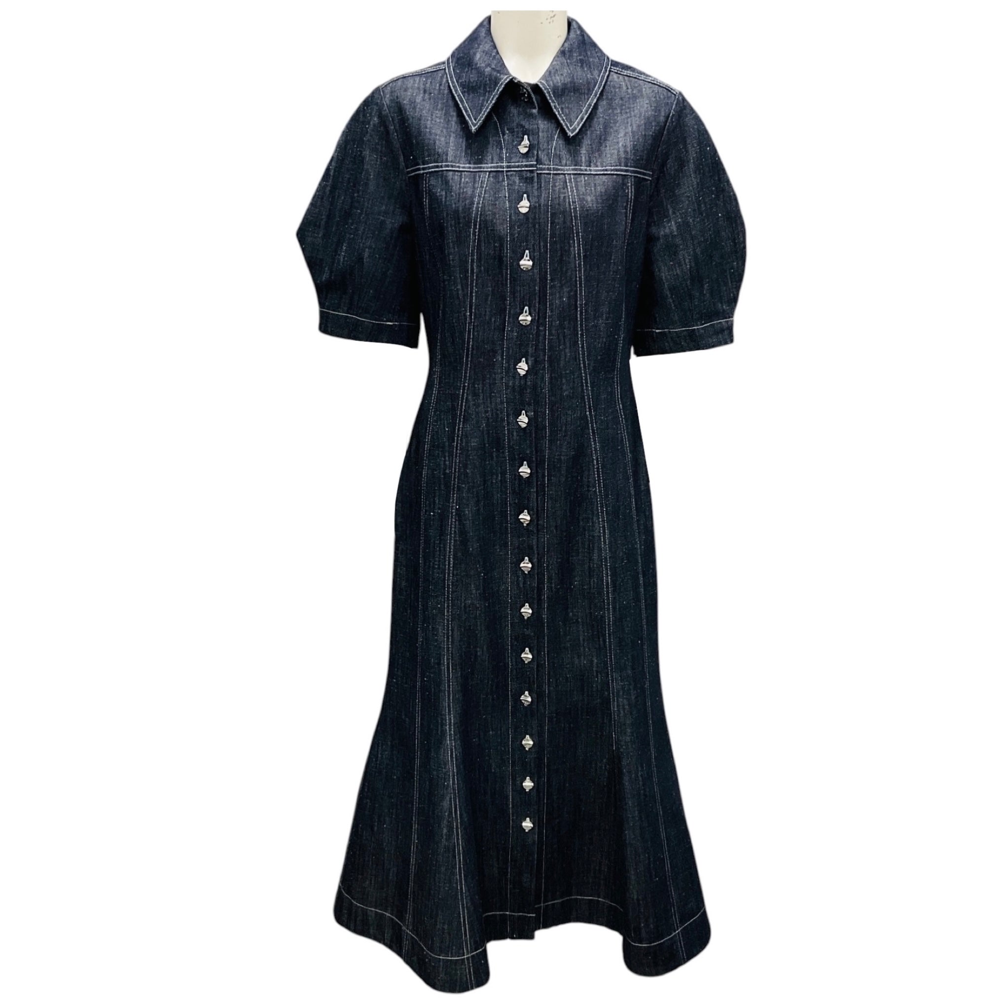 Matthew Bruch Dark Blue Denim Puff Sleeve Midi Dress