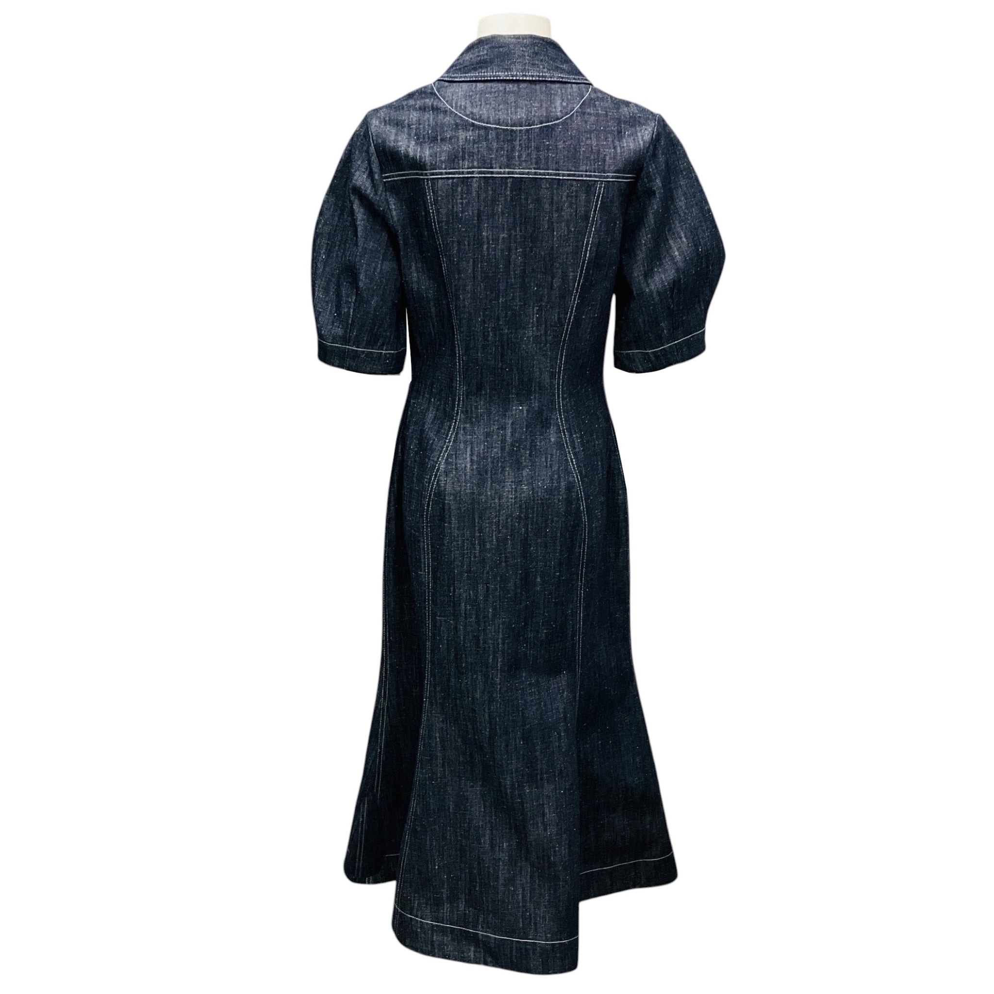 Matthew Bruch Dark Blue Denim Puff Sleeve Midi Dress