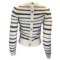Load image into Gallery viewer, Chanel Ivory / Navy Blue / Red Multi Metallic Striped Back Button Cashmere Knit Sweater
