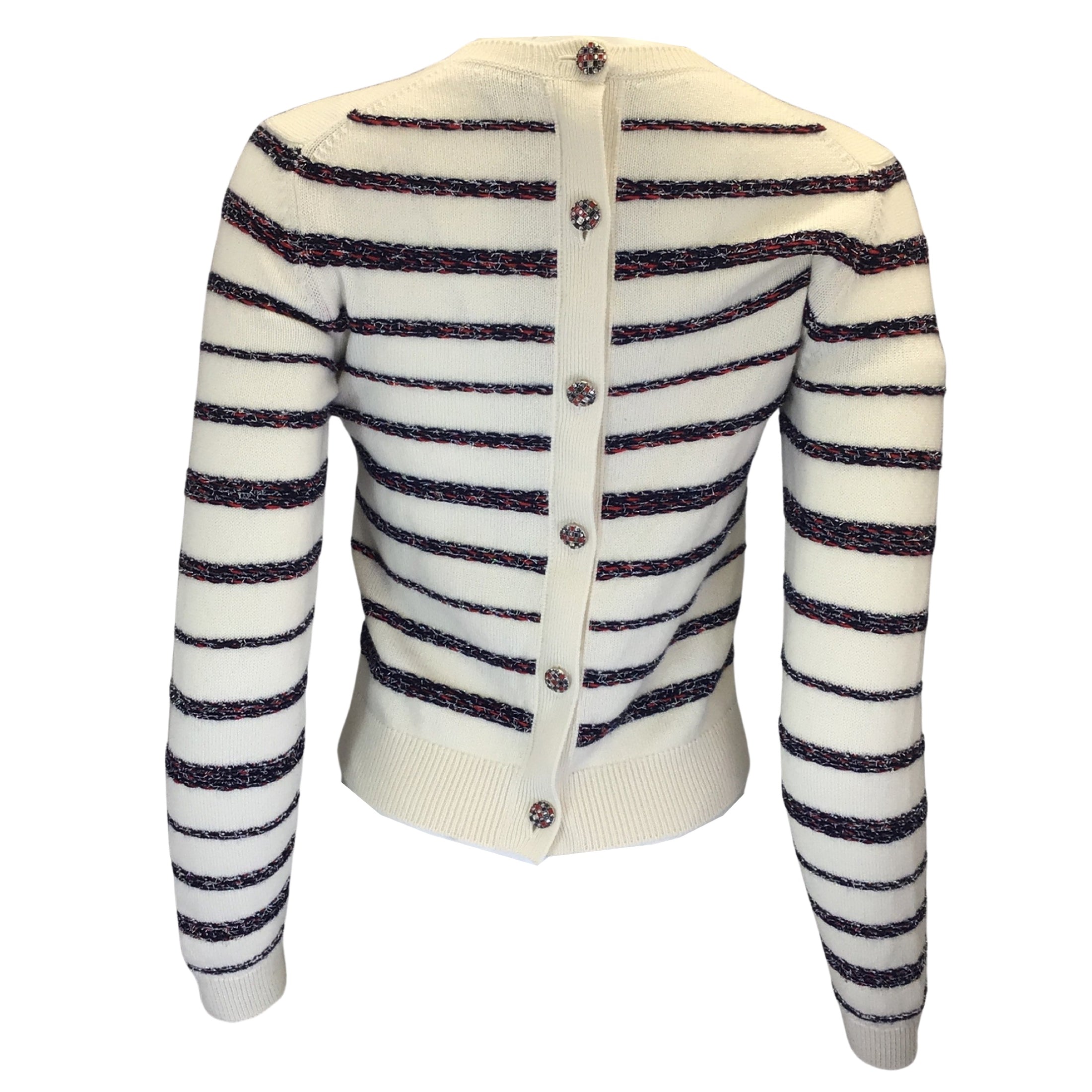 Chanel Ivory / Navy Blue / Red Multi Metallic Striped Back Button Cashmere Knit Sweater