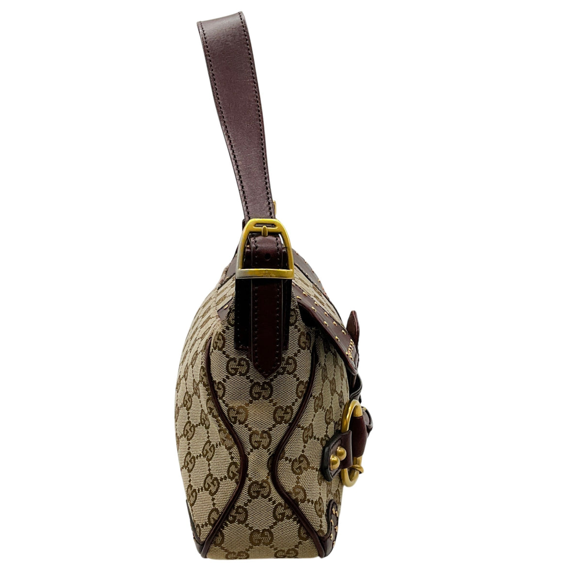 Gucci Burgundy Leather GG Monogram Gold Horsebit Chain Flap Shoulder Bag