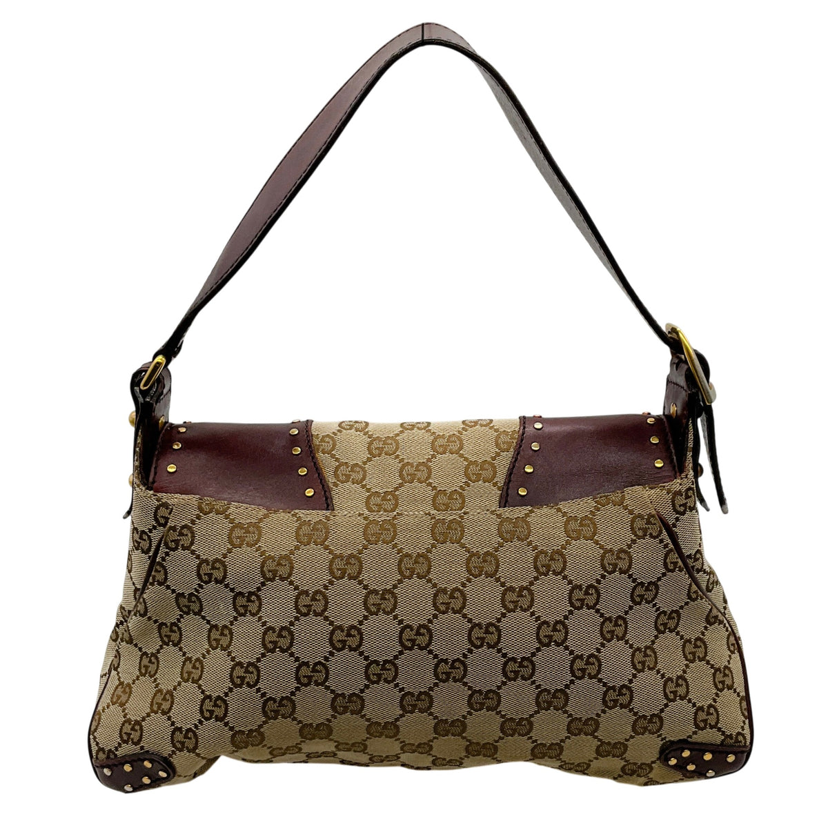 Gucci Burgundy Leather GG Monogram Gold Horsebit Chain Flap Shoulder Bag